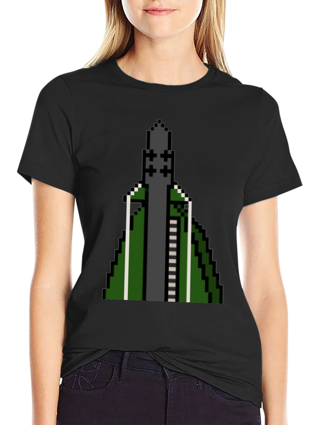 Black Pixelated Rocket T-Shirt - Retro Gaming Style view 2