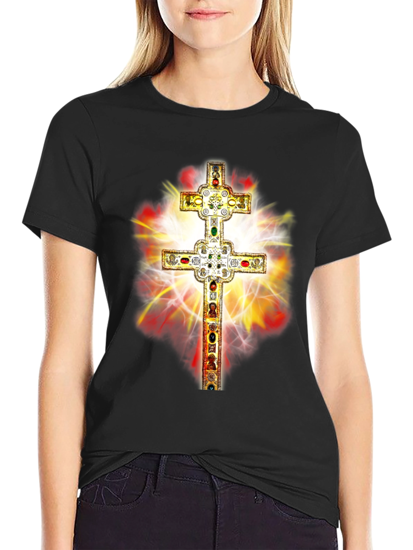 Black Ornate Cross Graphic Tee - Religious Fashion view 2