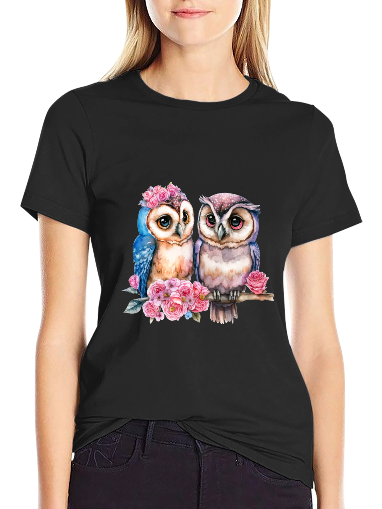Black Owl Couple T-Shirt - Floral Design view 2