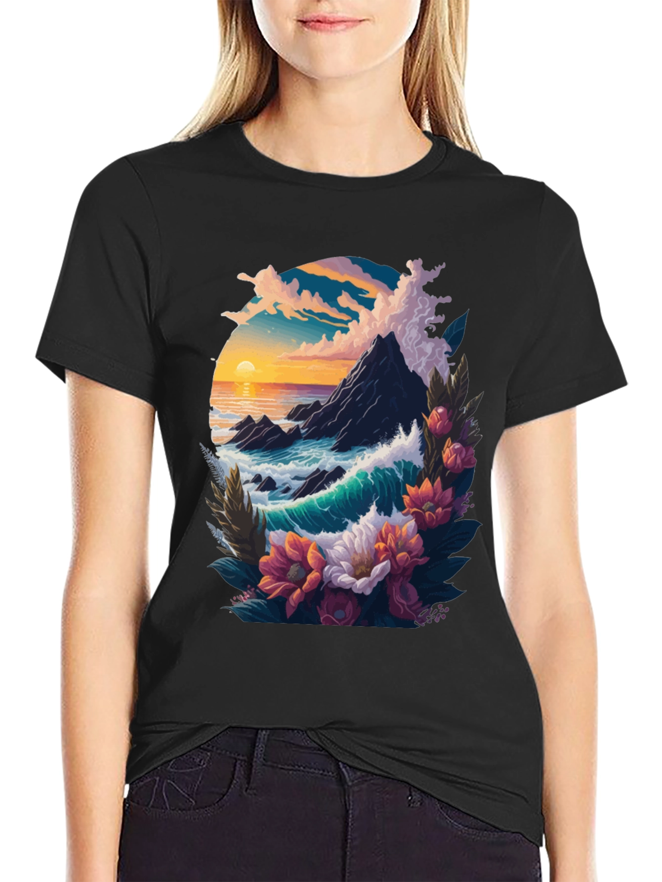 Black Ocean Sunset Floral Graphic Tee view 2