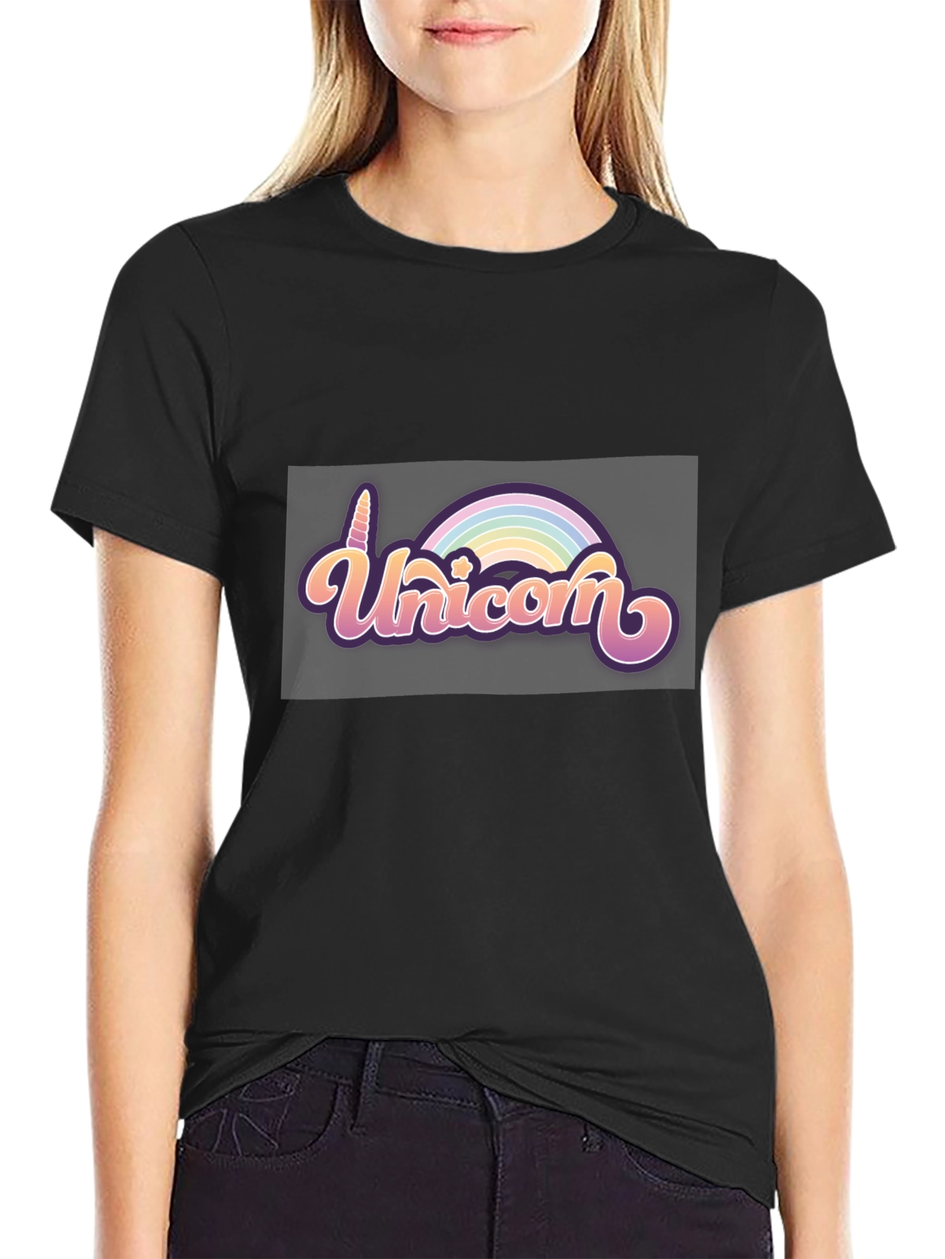 Black Unicorn Rainbow Tee - Black Cotton T-Shirt view 2