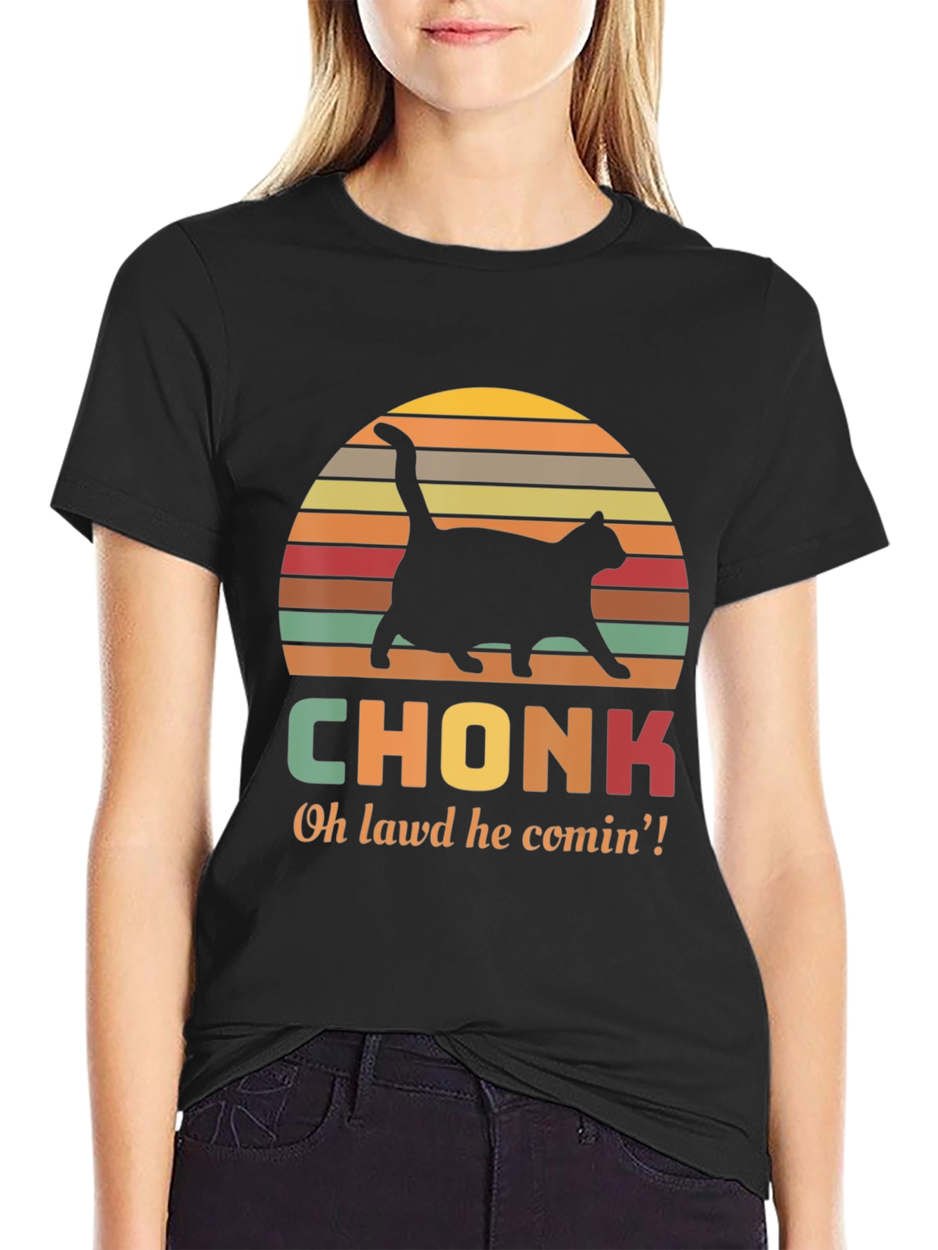Black Chonk Cat T-Shirt - Oh Lawd He Comin'! view 2