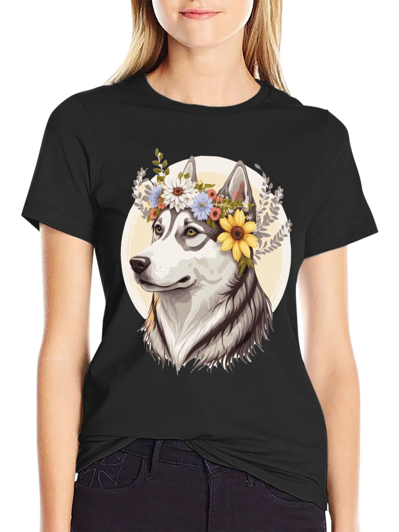 Black Floral Husky Graphic Tee - Unisex Black T-Shirt view 2