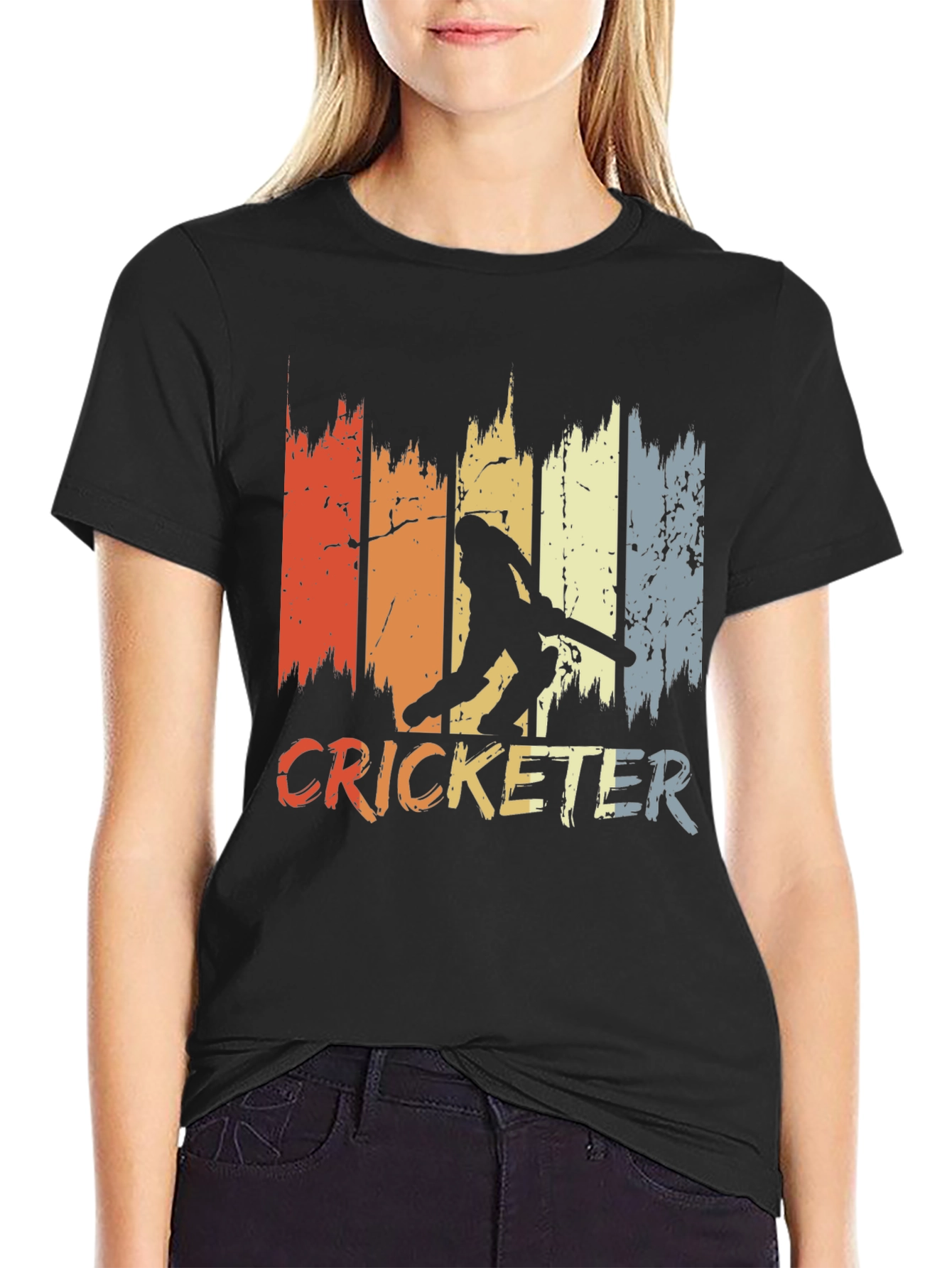 Black Vintage Cricketer T-Shirt - Retro Style view 2