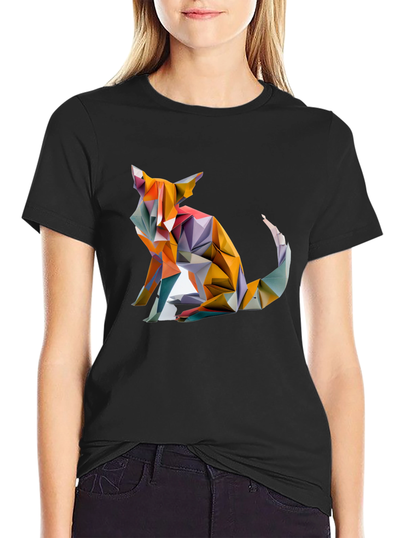Black Geometric Fox Graphic Black T-Shirt view 2