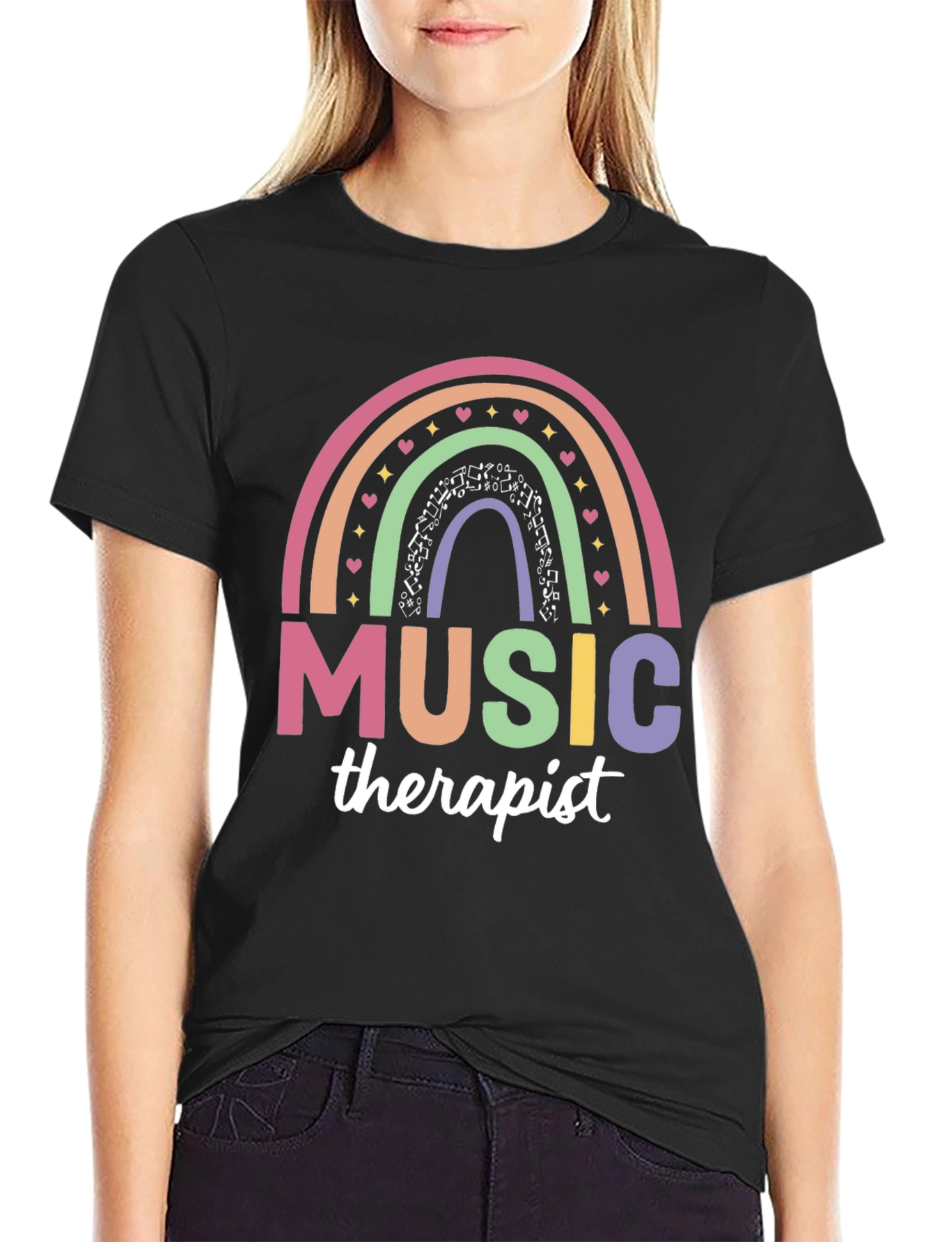Black Music Therapist Rainbow Graphic T-Shirt view 2
