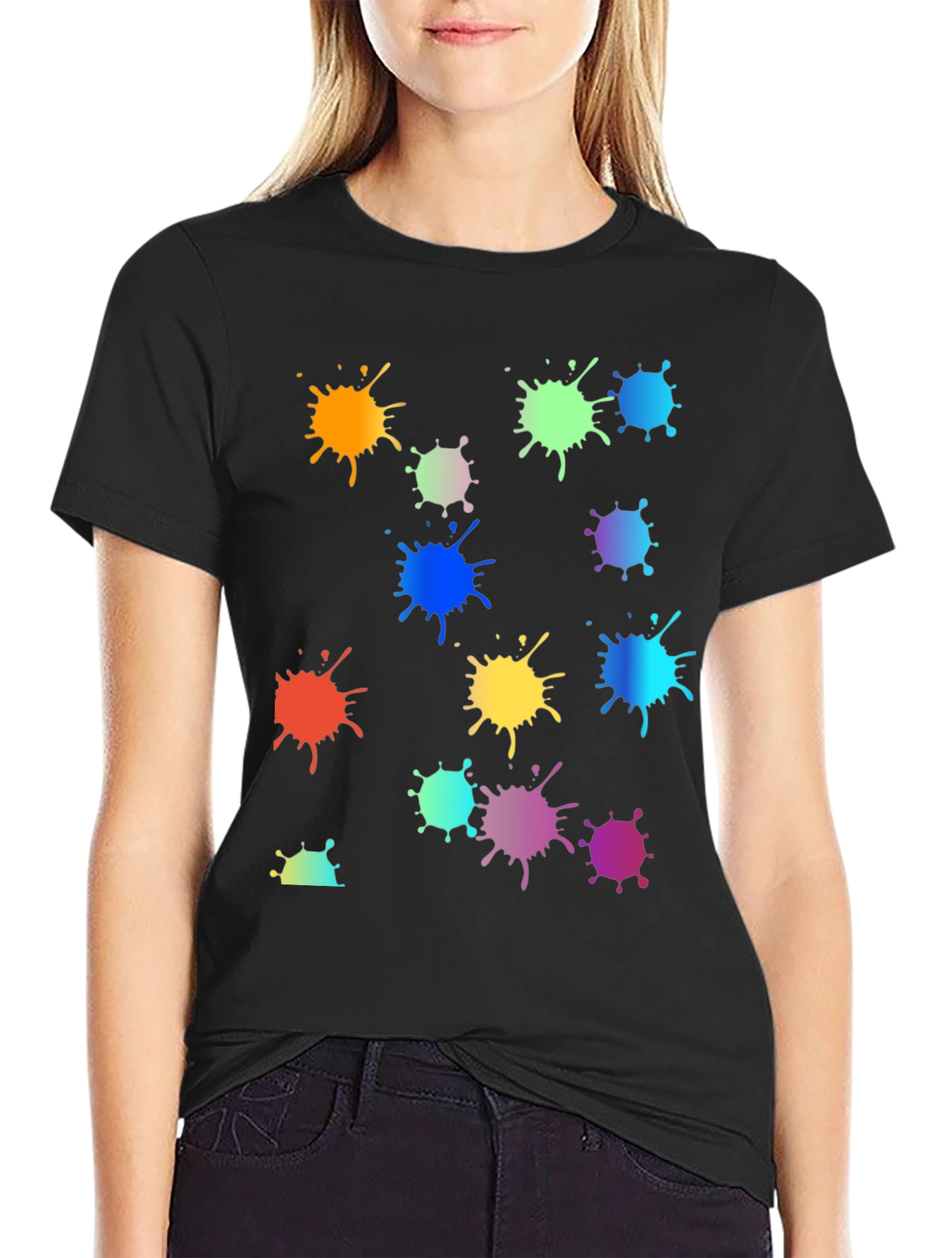 Black Rainbow Paint Splatter Graphic Tee - Black Crew Neck T-Shirt view 2