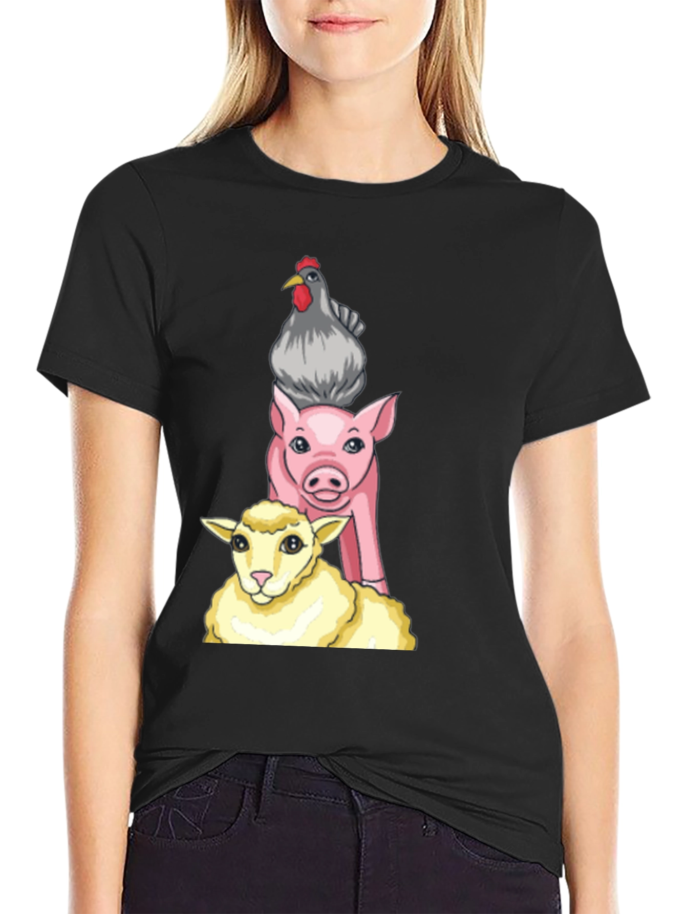 Black Stacked Farm Animals Graphic Tee - Black Cotton Shirt view 2