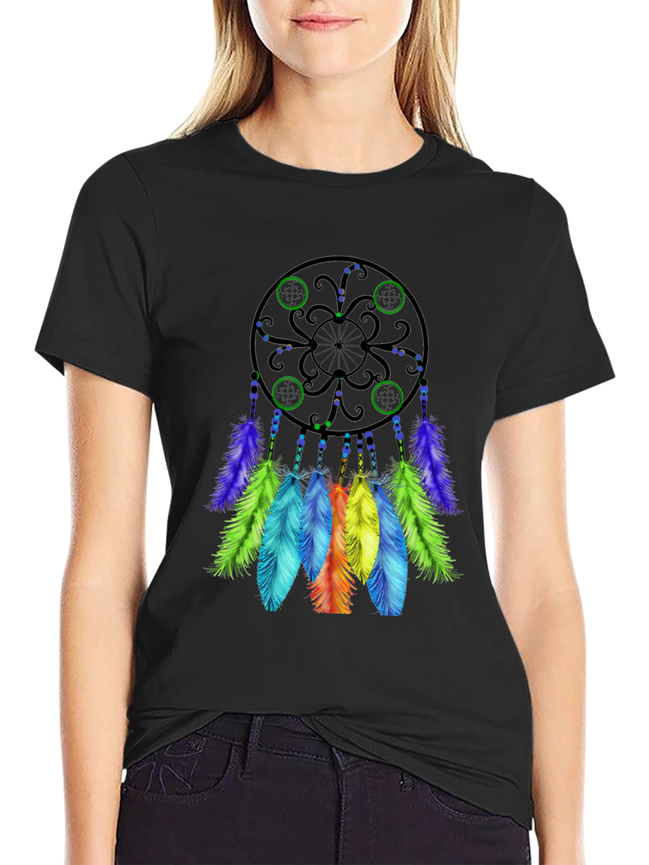 Black Dreamcatcher T-Shirt - Black Cotton Tee with Colorful Feather Design view 2