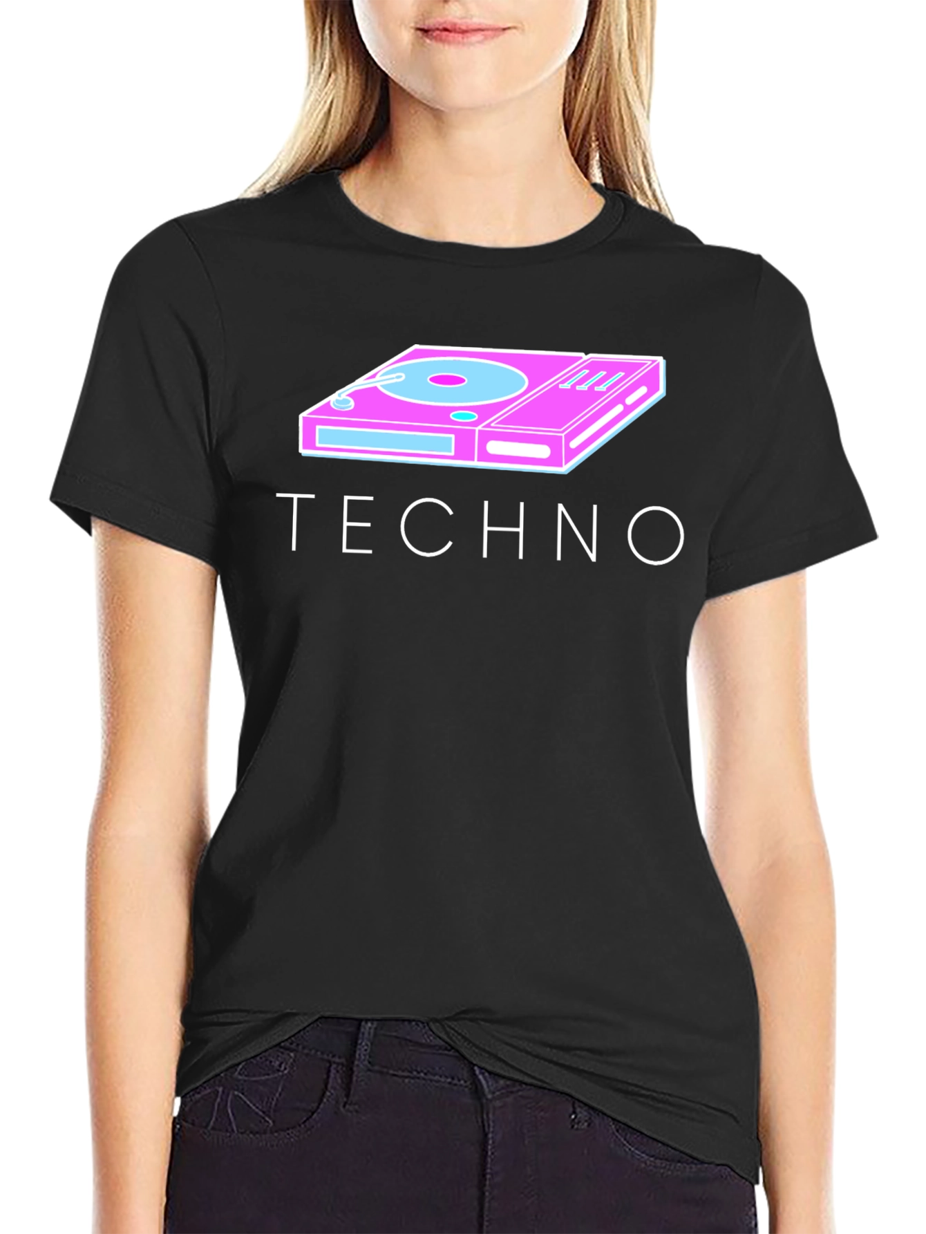 Black Retro Techno Turntable Graphic Tee - Black Cotton Blend view 2