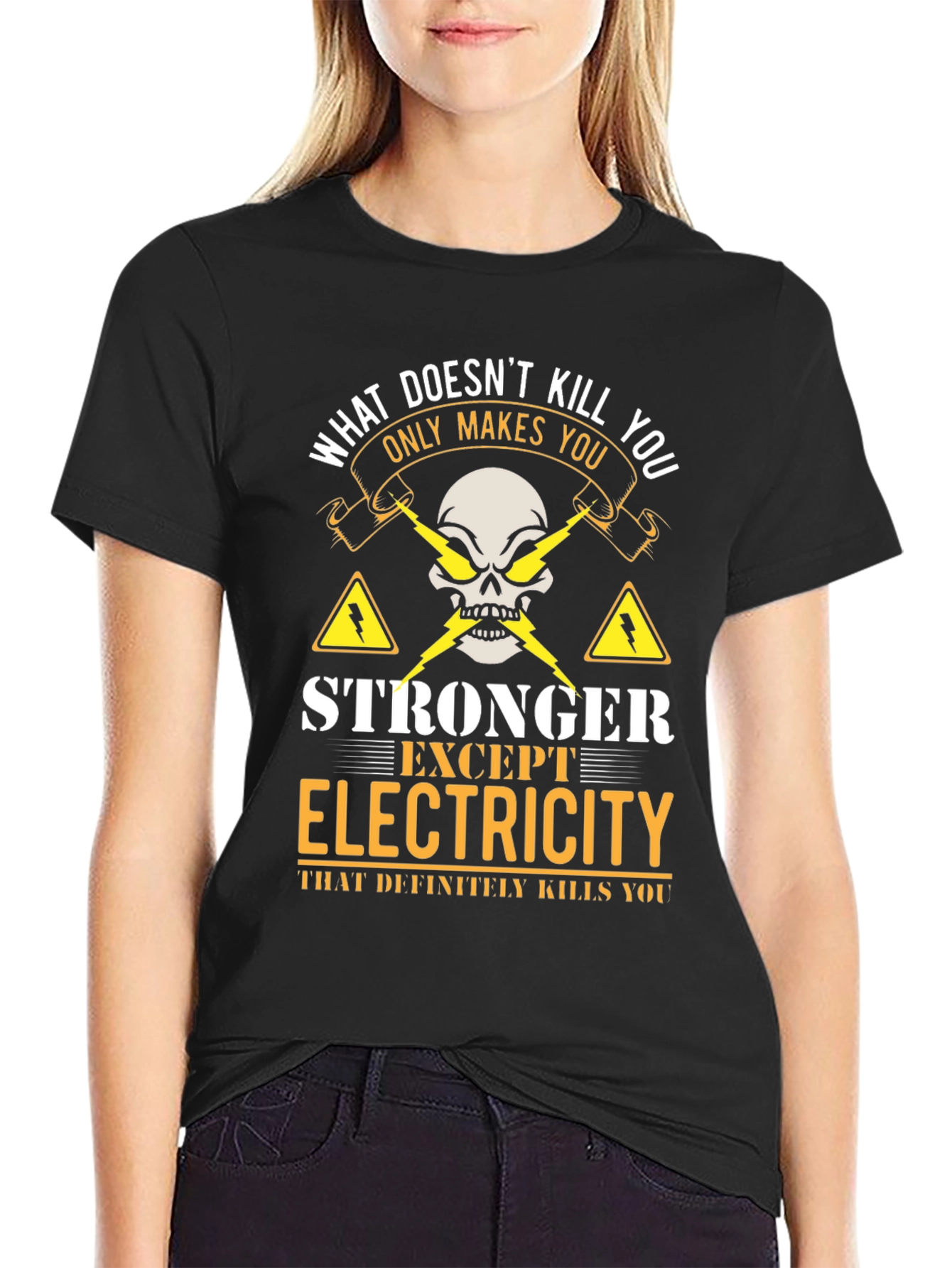 Black Electricity Humor T-Shirt - "What Doesn't Kill You" Graphic Tee view 2