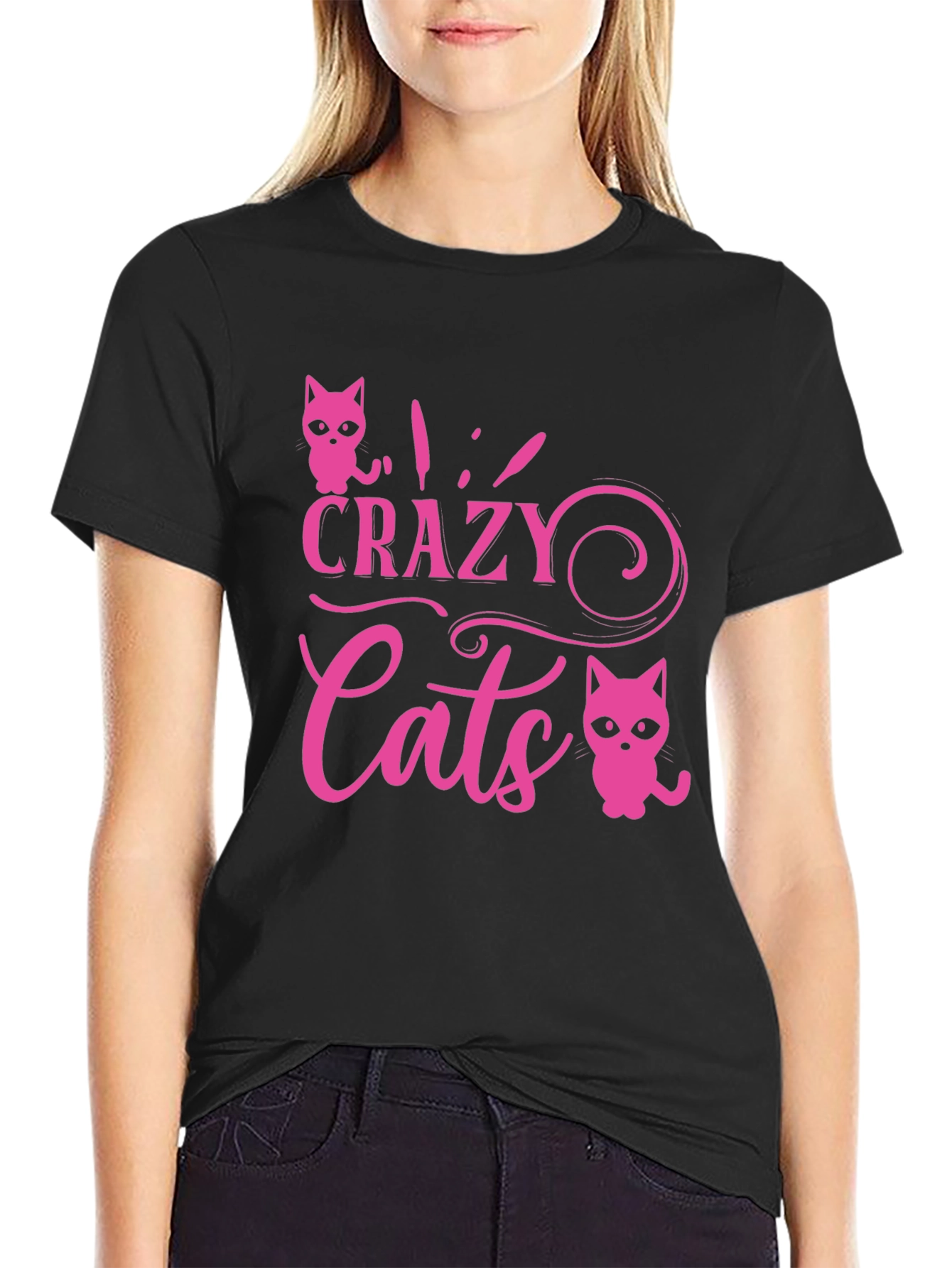 Black Crazy Cats Graphic Tee - Pink view 2