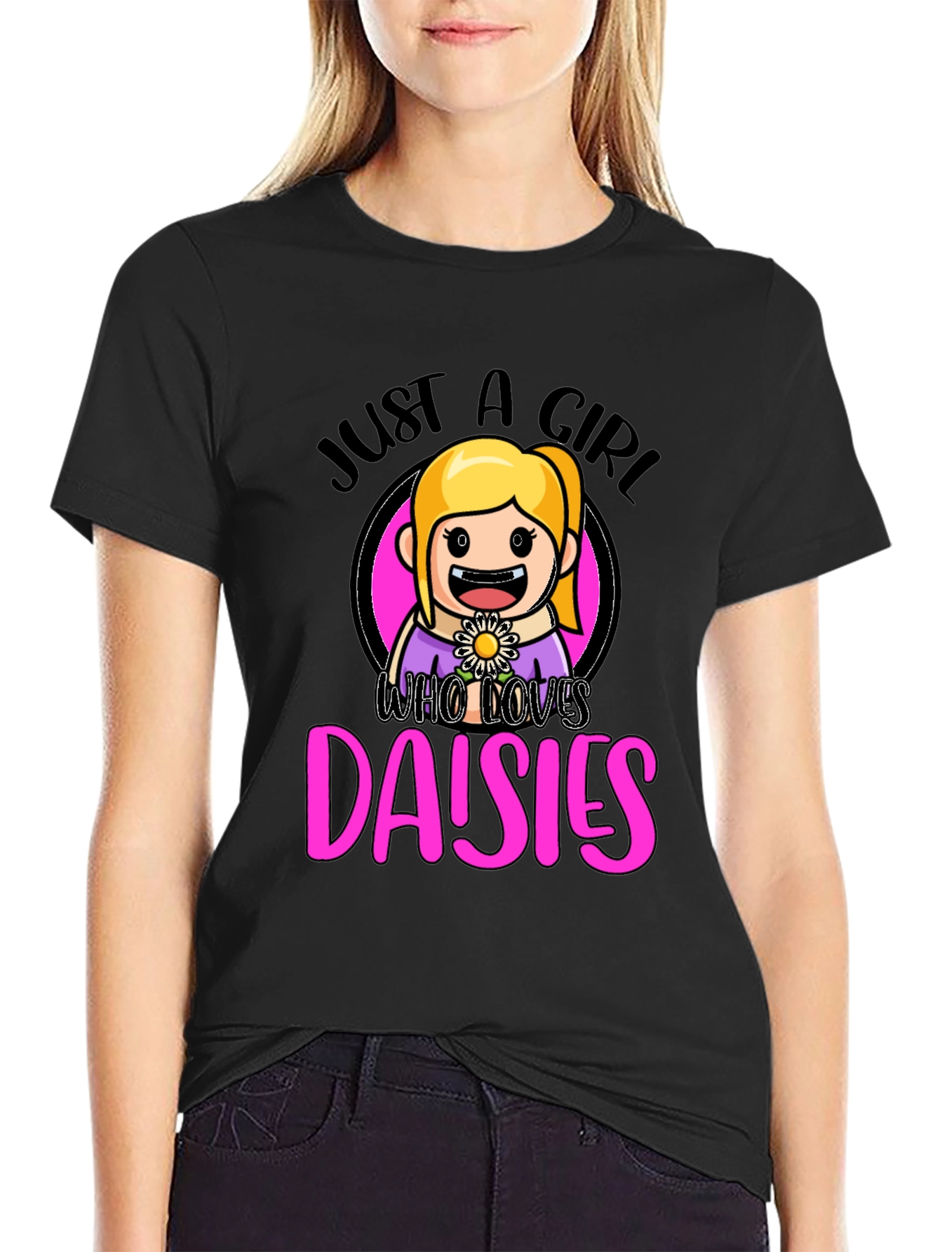 Black Just a Girl Who Loves Daisies Graphic T-Shirt view 2