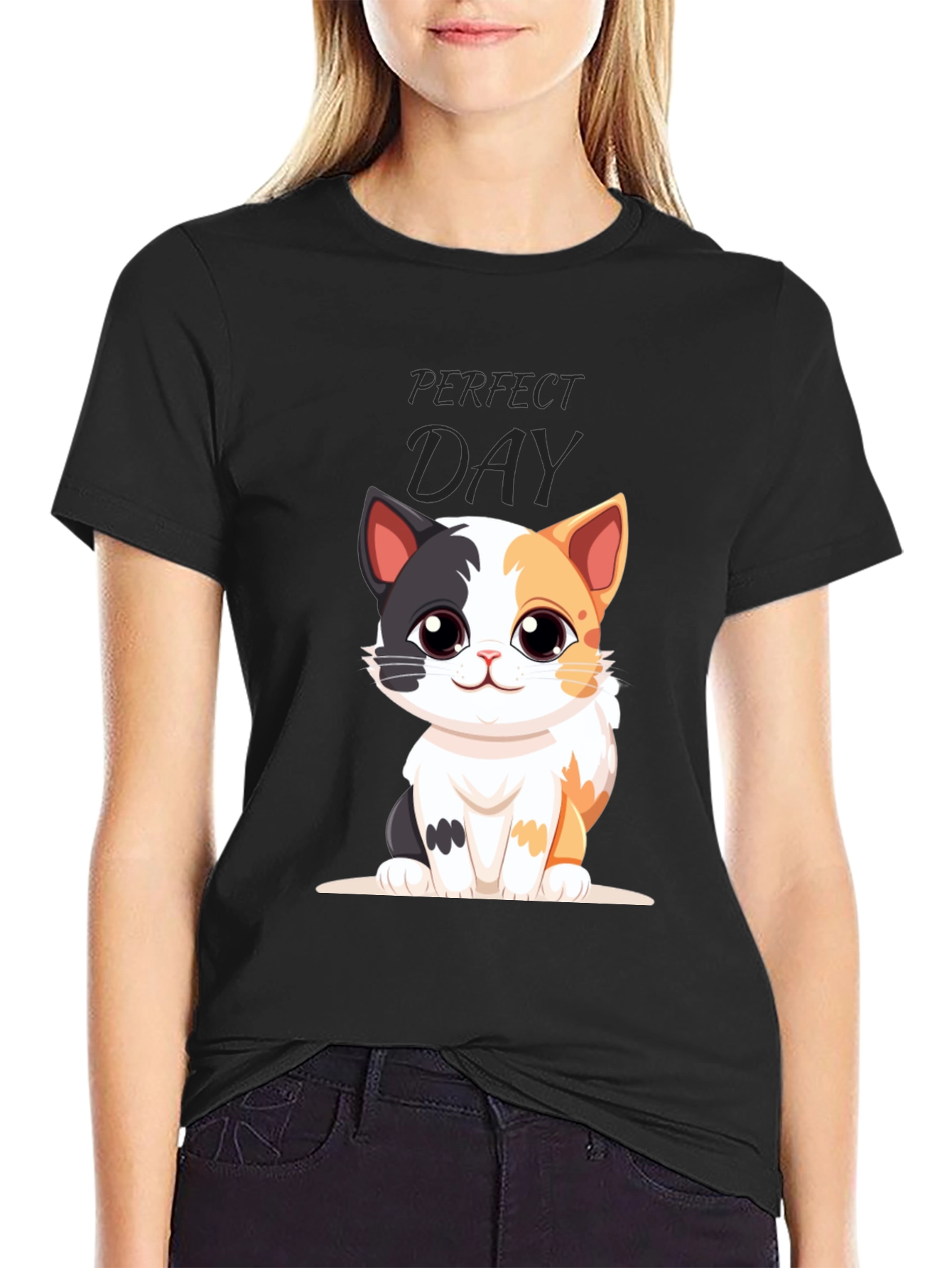 Black Perfect Day Cat Cartoon Black T-Shirt view 2