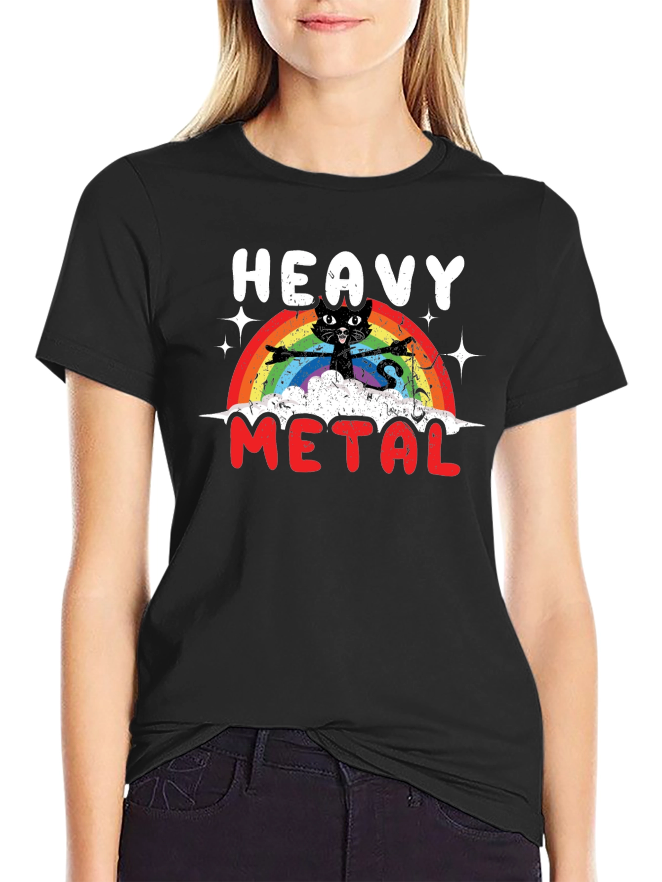 Black Heavy Metal Cat Rainbow T-Shirt view 2