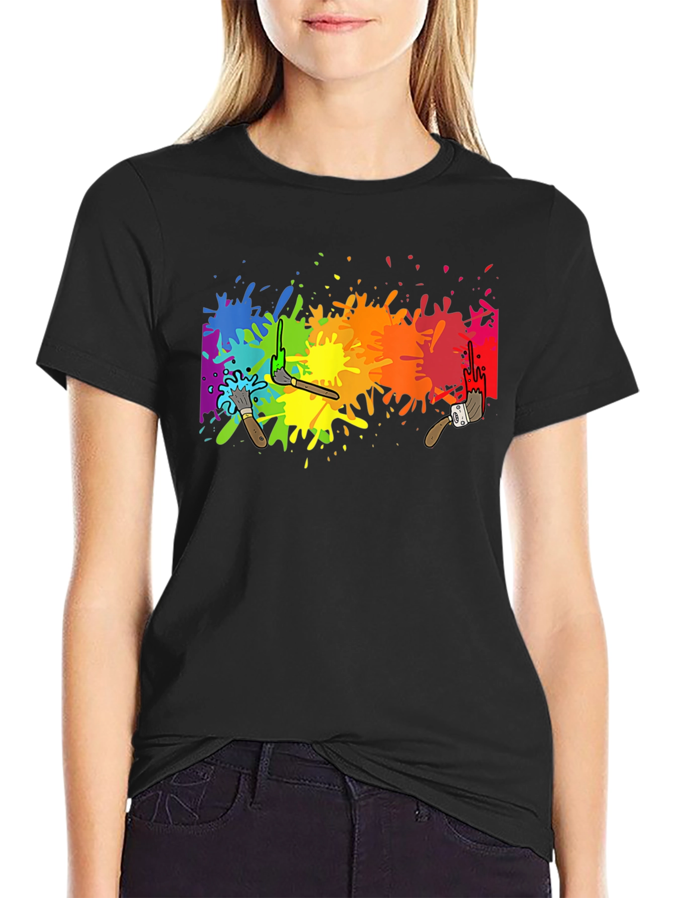 Black Rainbow Paint Splatter Graphic Tee - Artistic Black T-Shirt view 2