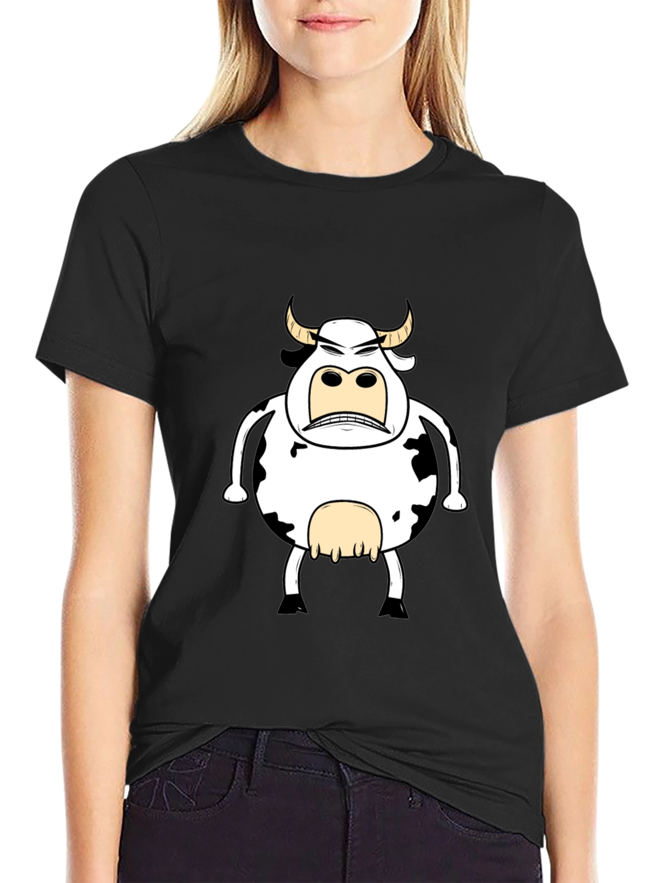 Black Funny Angry Cow Graphic T-Shirt - Black Cotton Tee view 2