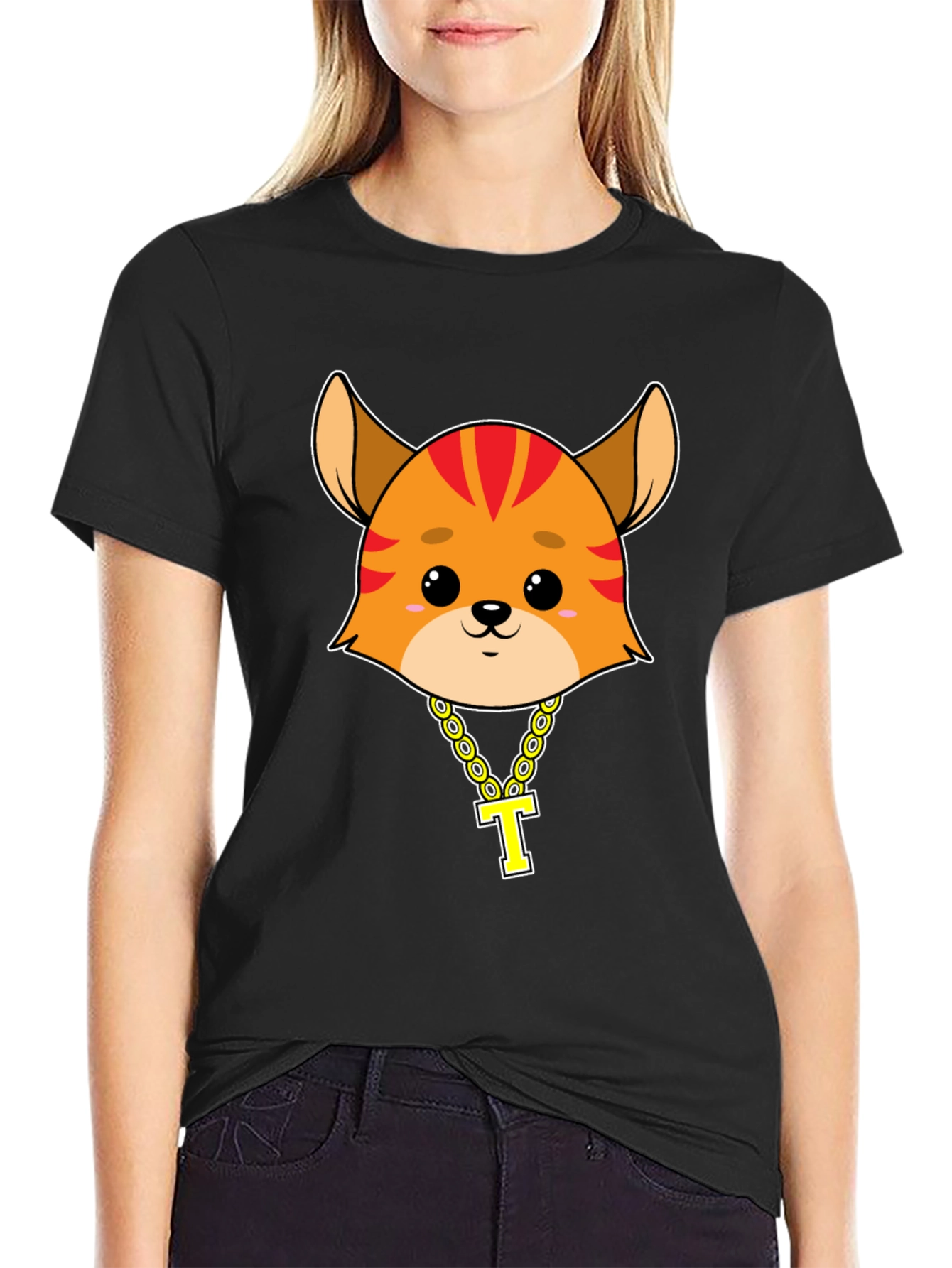 Black Cartoon Cat with Gold Chain T-Shirt - Black view 2