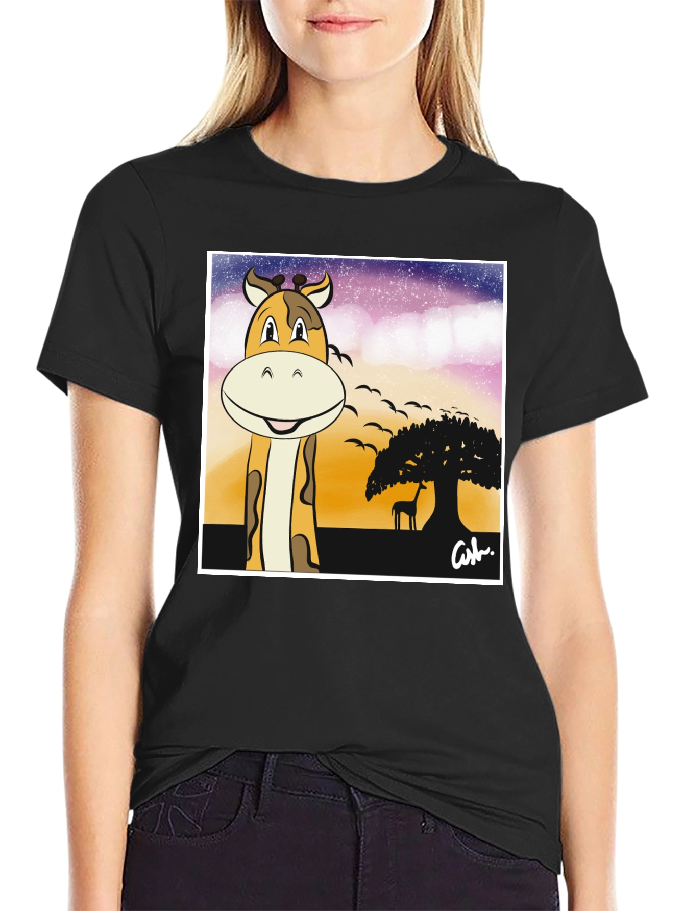 Black Giraffe Safari T-Shirt - Cartoon Design view 2