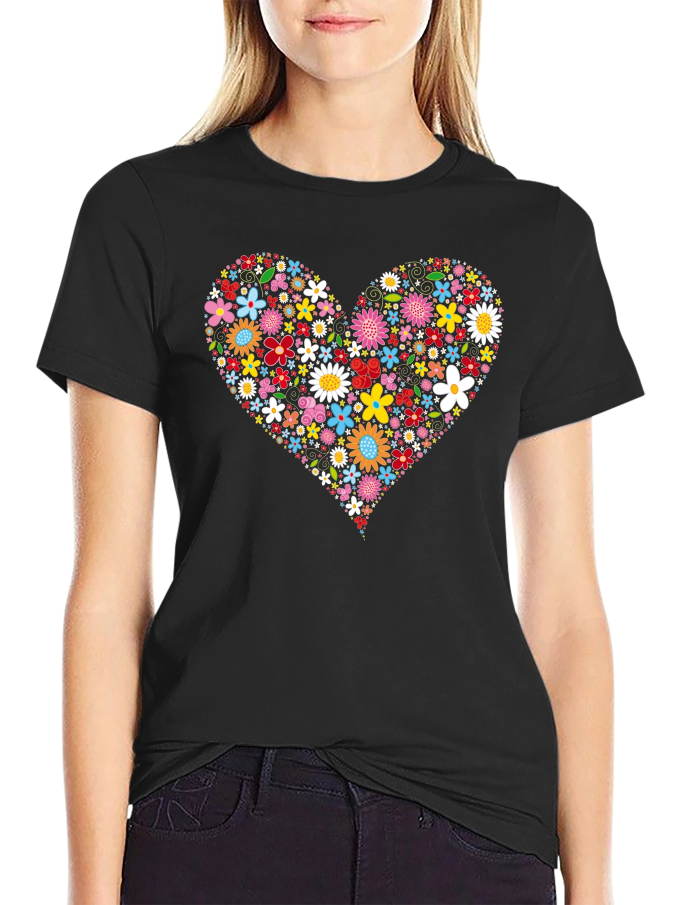 Black Floral Heart Graphic Tee - Trendy Black T-Shirt view 2