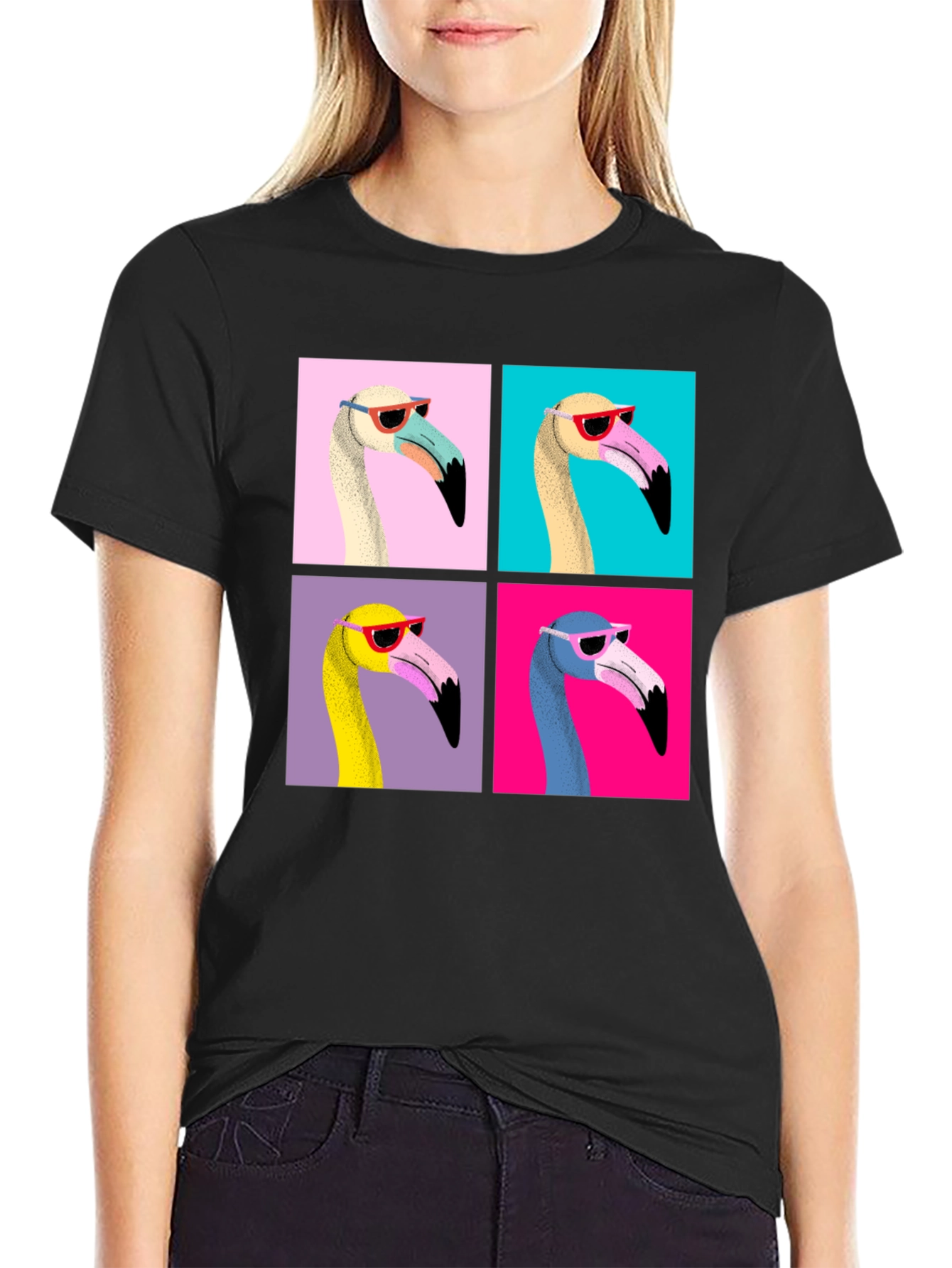 Black Funky Flamingo Pop Art Graphic T-Shirt view 2