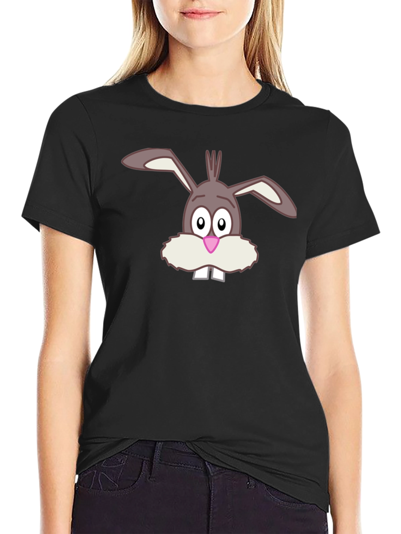 Black Funny Cartoon Bunny Graphic Black T-Shirt view 2