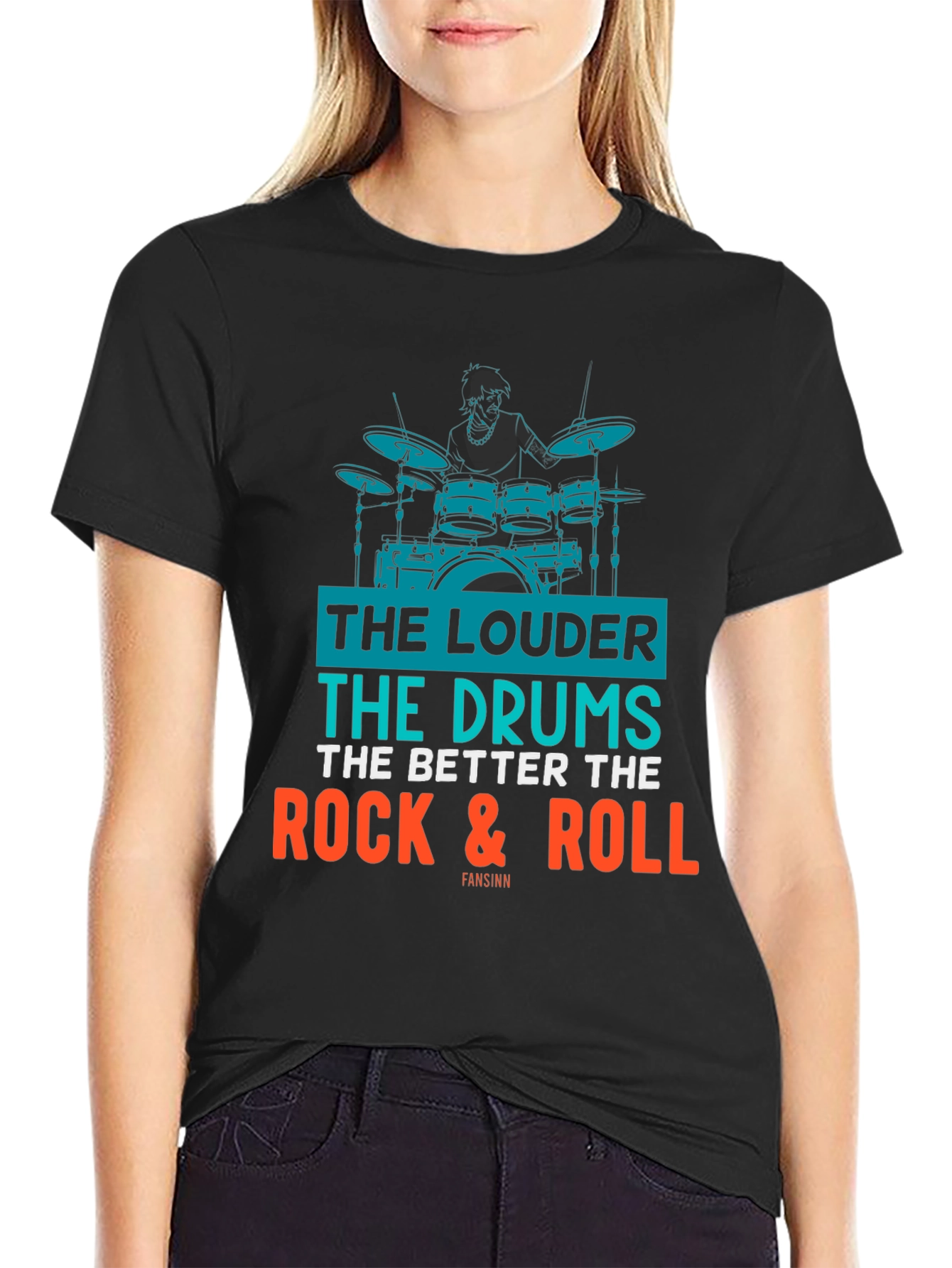 Black Rock & Roll Drummer Graphic T-Shirt view 2