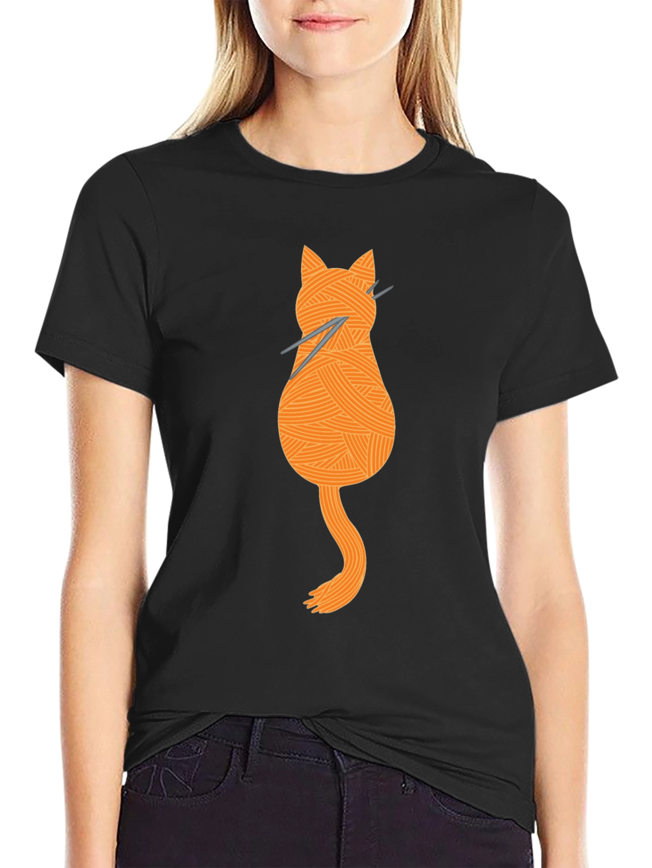 Black Knitting Cat Tee - Yarn Lover's Graphic T-Shirt view 2