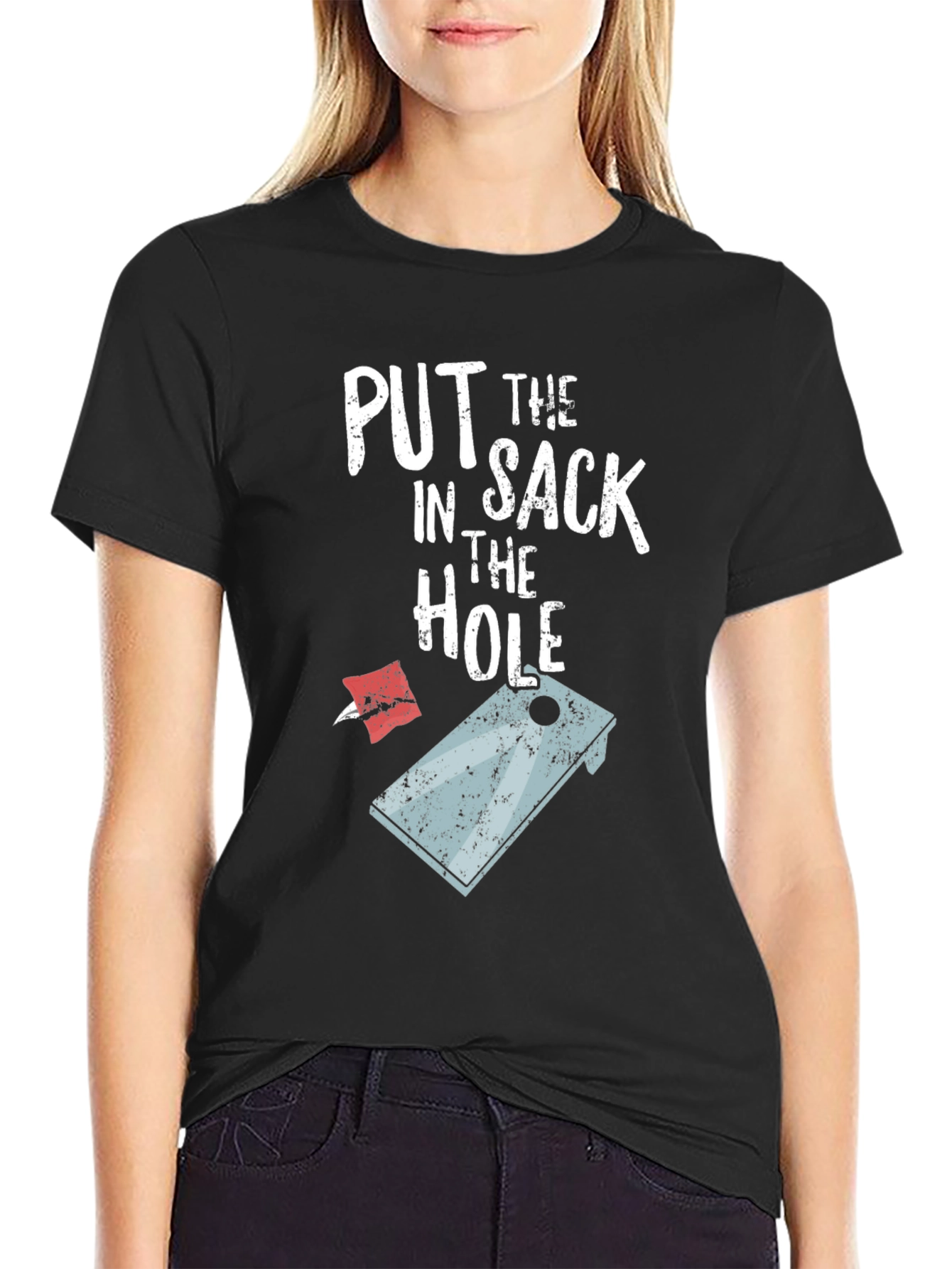 Black Put the Sack in the Hole Funny Cornhole T-Shirt view 2
