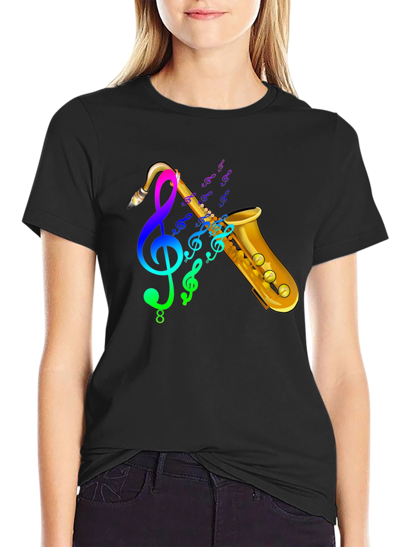 Black Saxophone Music T-Shirt - Trendy Graphic Tee view 2