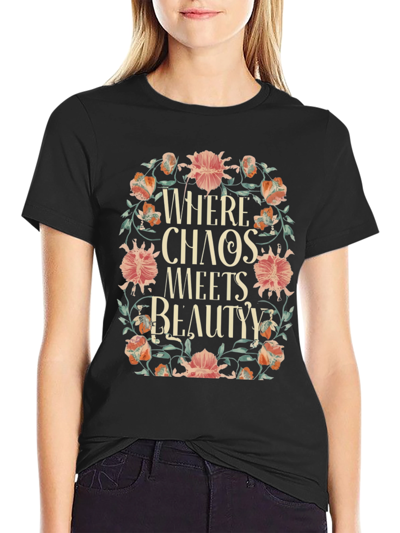 Black Floral Chaos Meets Beauty Graphic Tee view 2