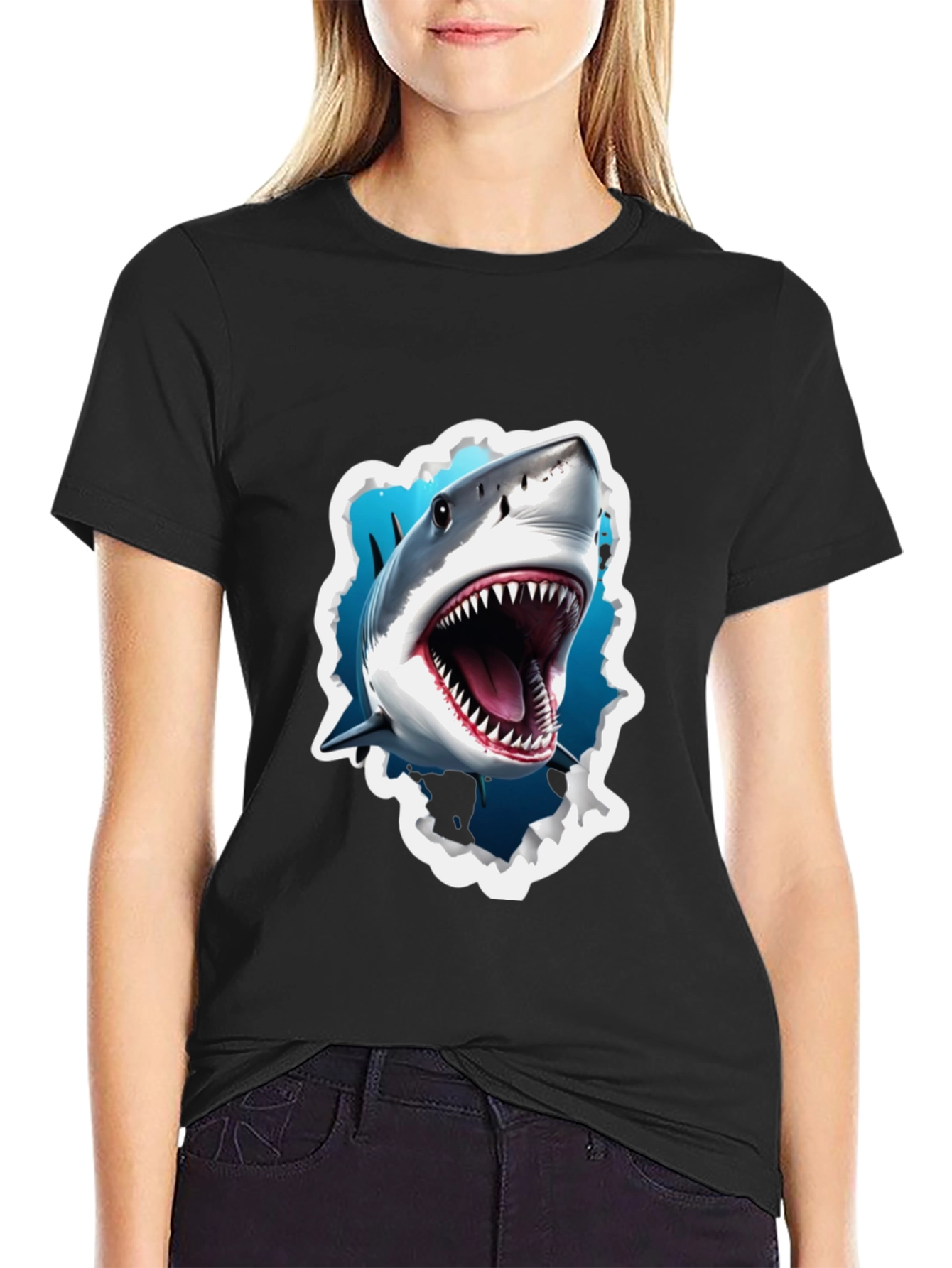 Black Shark Attack Graphic Tee - Bold Black T-Shirt view 2