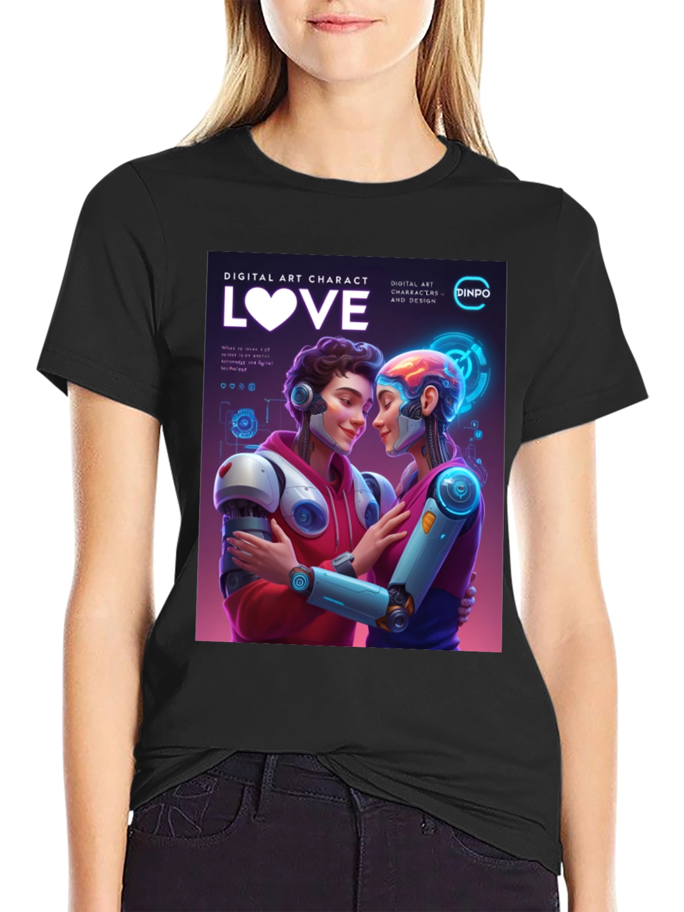Black Robotic Love T-Shirt - Digital Art Character Design view 2