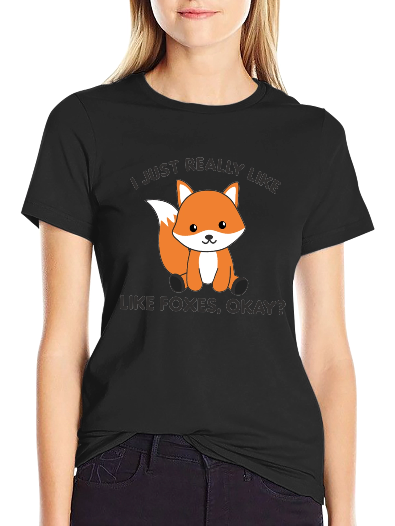 Black Cute Fox Graphic T-Shirt - I Just Really Like Foxes, Okay? view 2