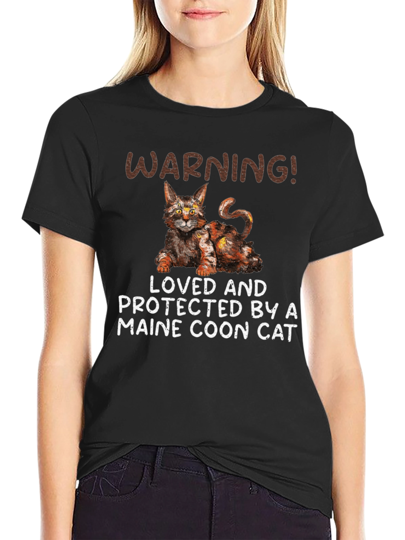 Black Maine Coon Cat T-Shirt - Warning! Loved and Protected view 2