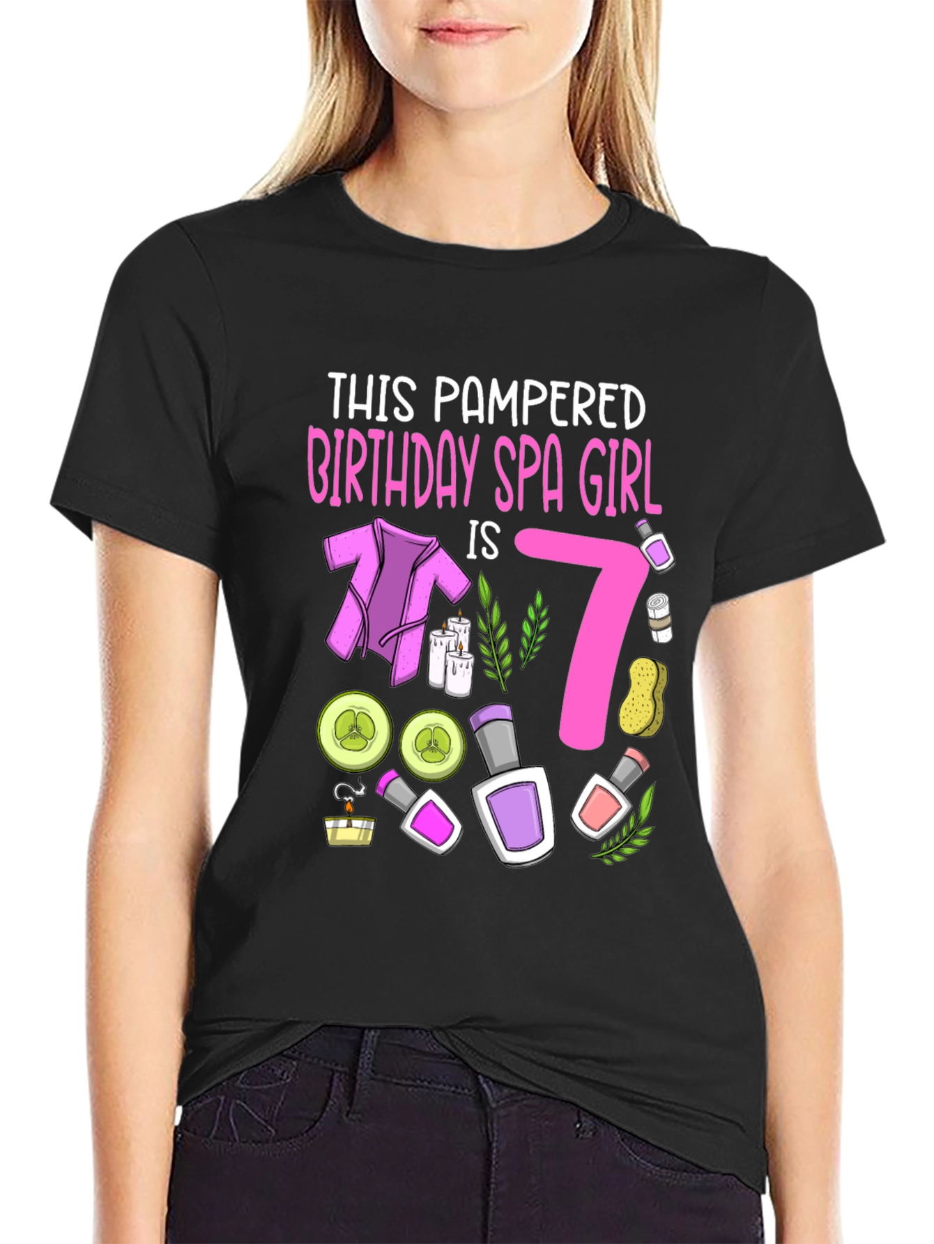 Black Pampered Birthday Spa Girl 7th Birthday T-Shirt view 2