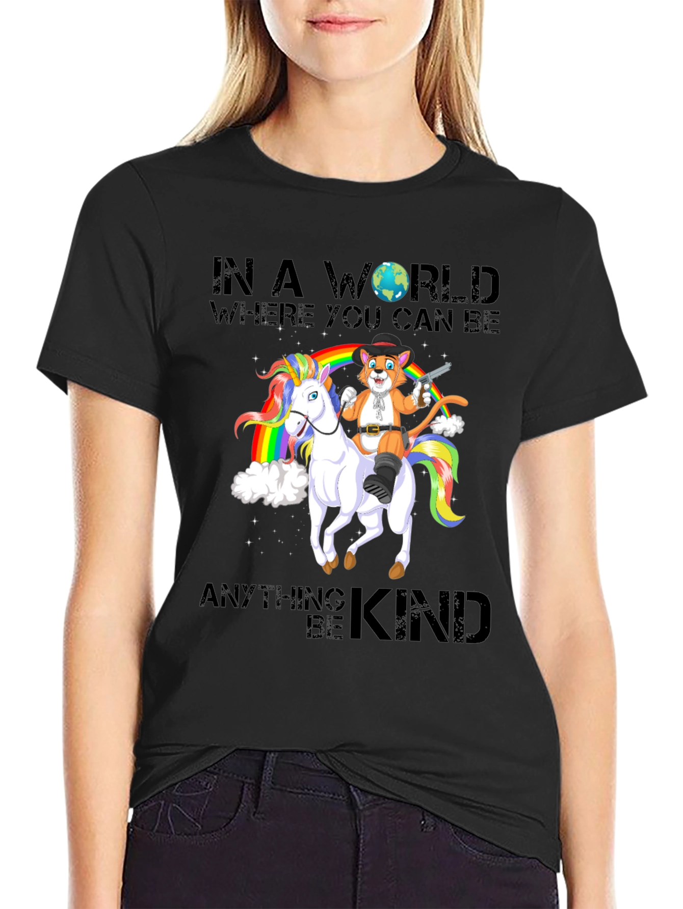 Black Be Kind T-Shirt: Cat Cowboy Riding Unicorn view 2