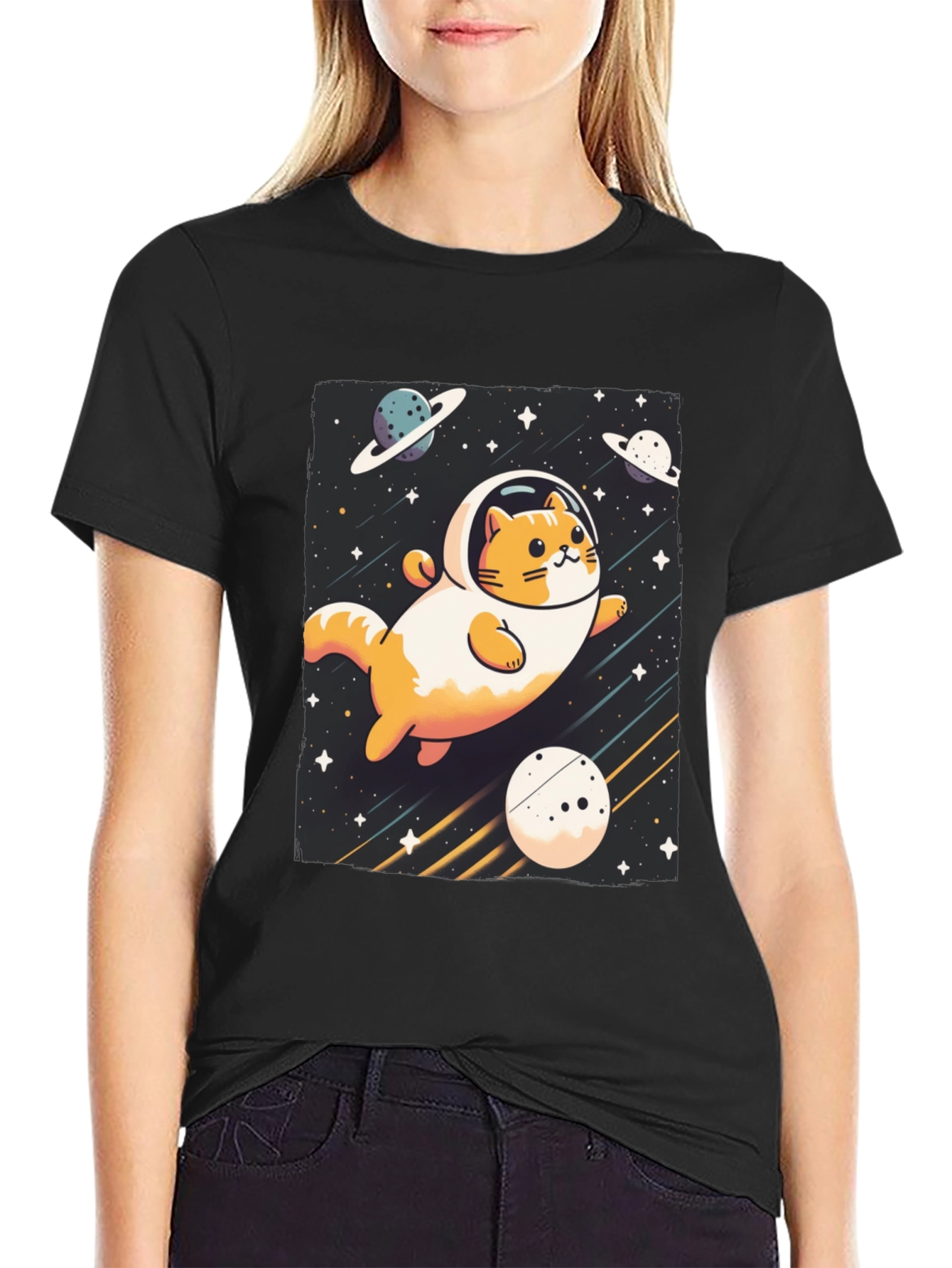 Black Space Cat T-Shirt - Galaxy Adventure Tee view 2