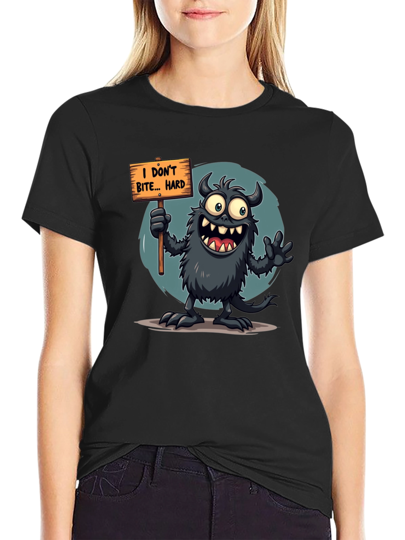 Black Funny Monster Graphic Tee - "I Don't Bite... Hard" view 2
