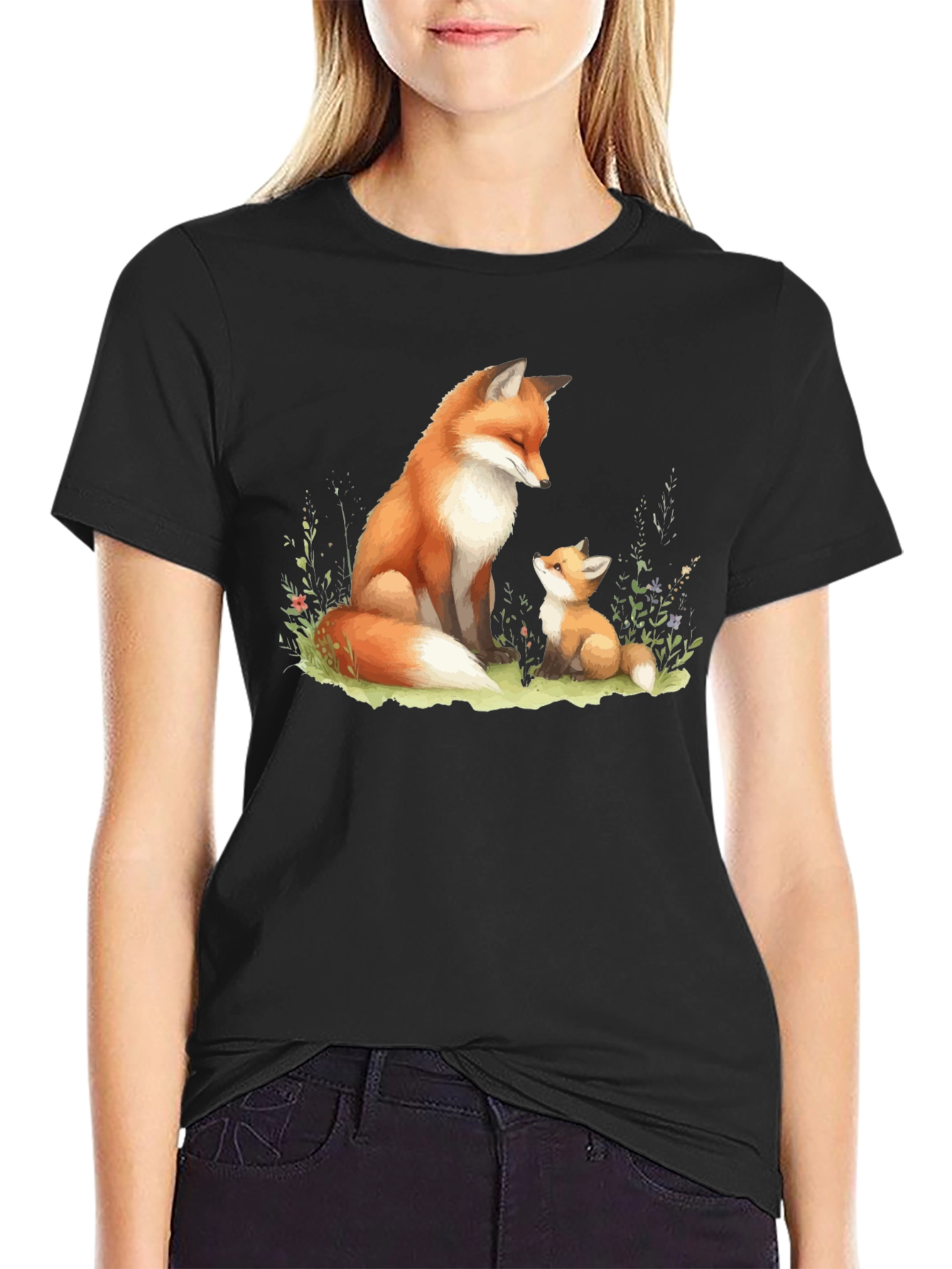 Black Fox & Cub Graphic Tee - Soft Cotton Blend Shirt view 2