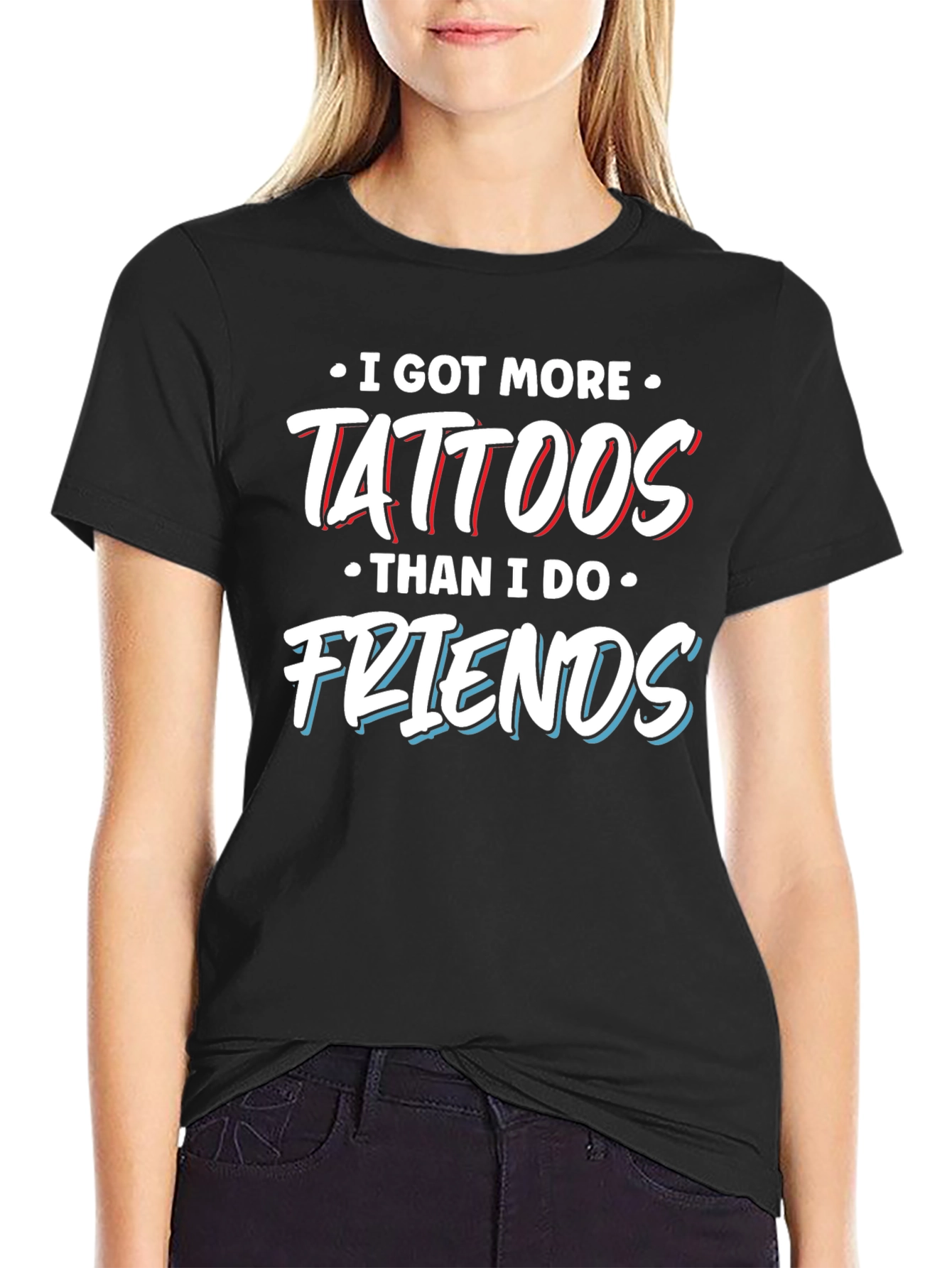 Black Tattoos Over Friends Graphic Tee - Black T-Shirt view 2