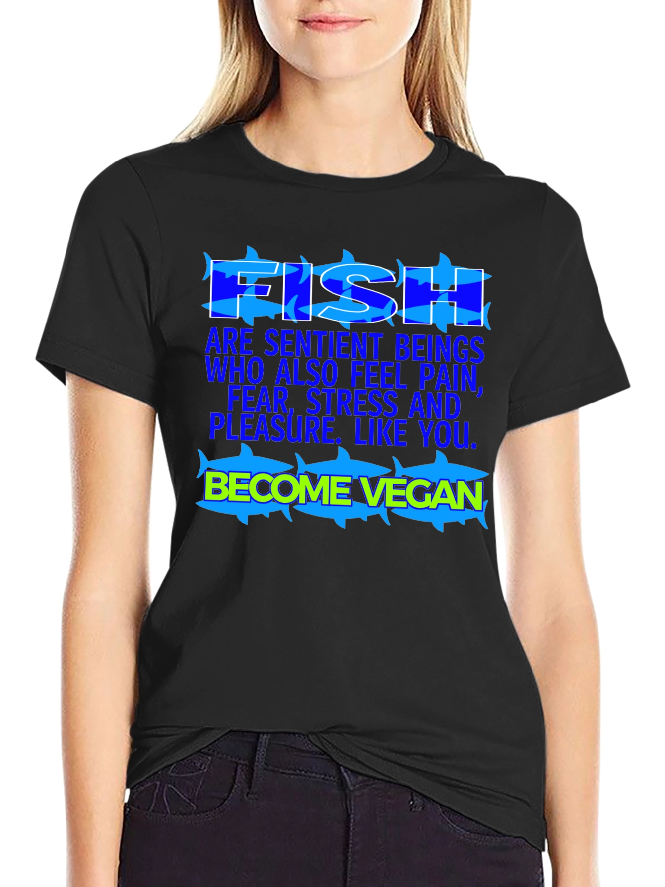 Black Vegan Fish T-Shirt: Sentient Beings view 2