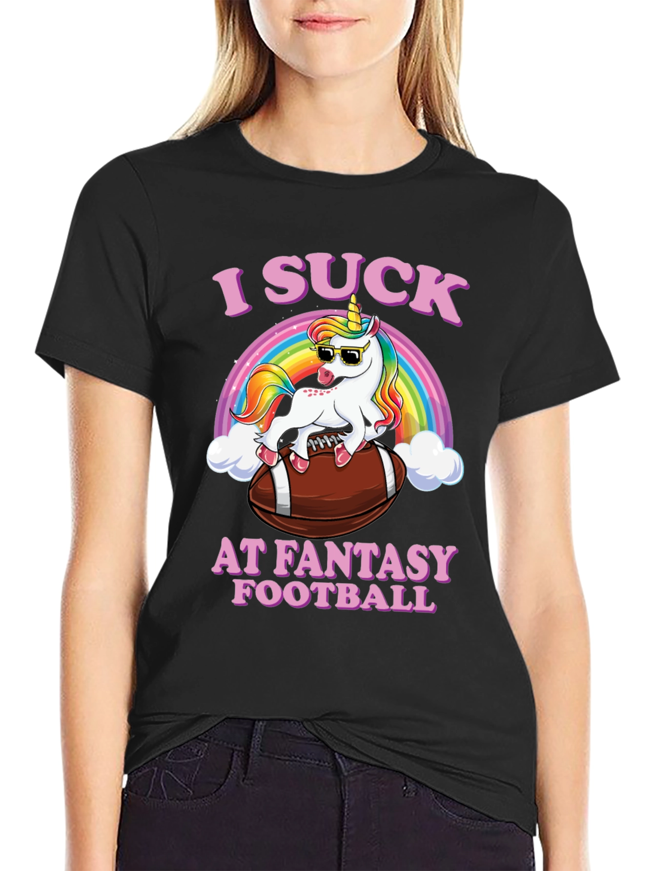 Black I Suck at Fantasy Football Unicorn T-Shirt view 2