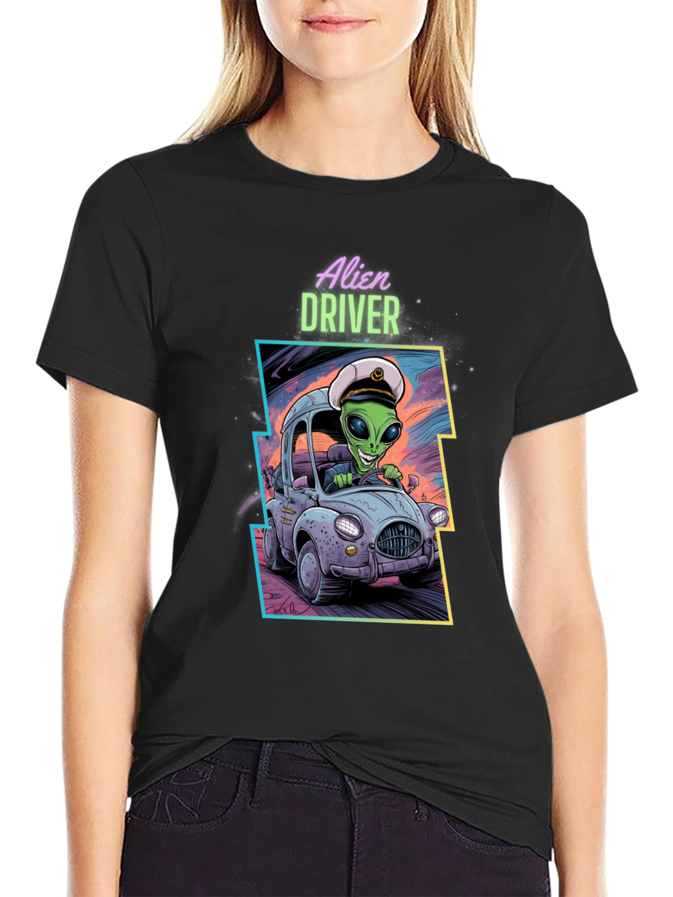 Black Alien Driver Graphic T-Shirt - Black Crew Neck Tee view 2