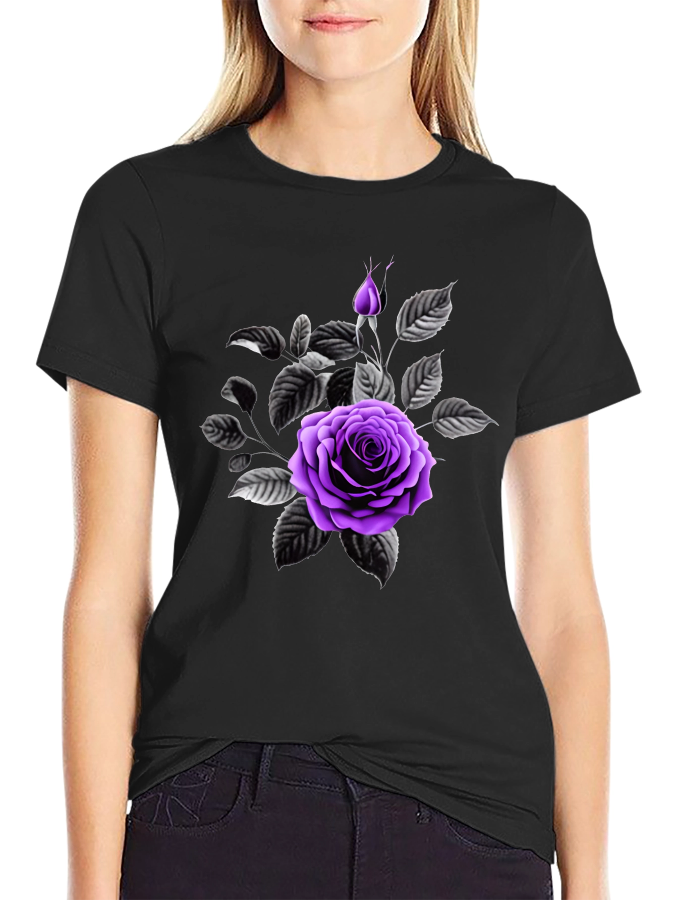 Black Black T-Shirt with Purple Rose Graphic view 2