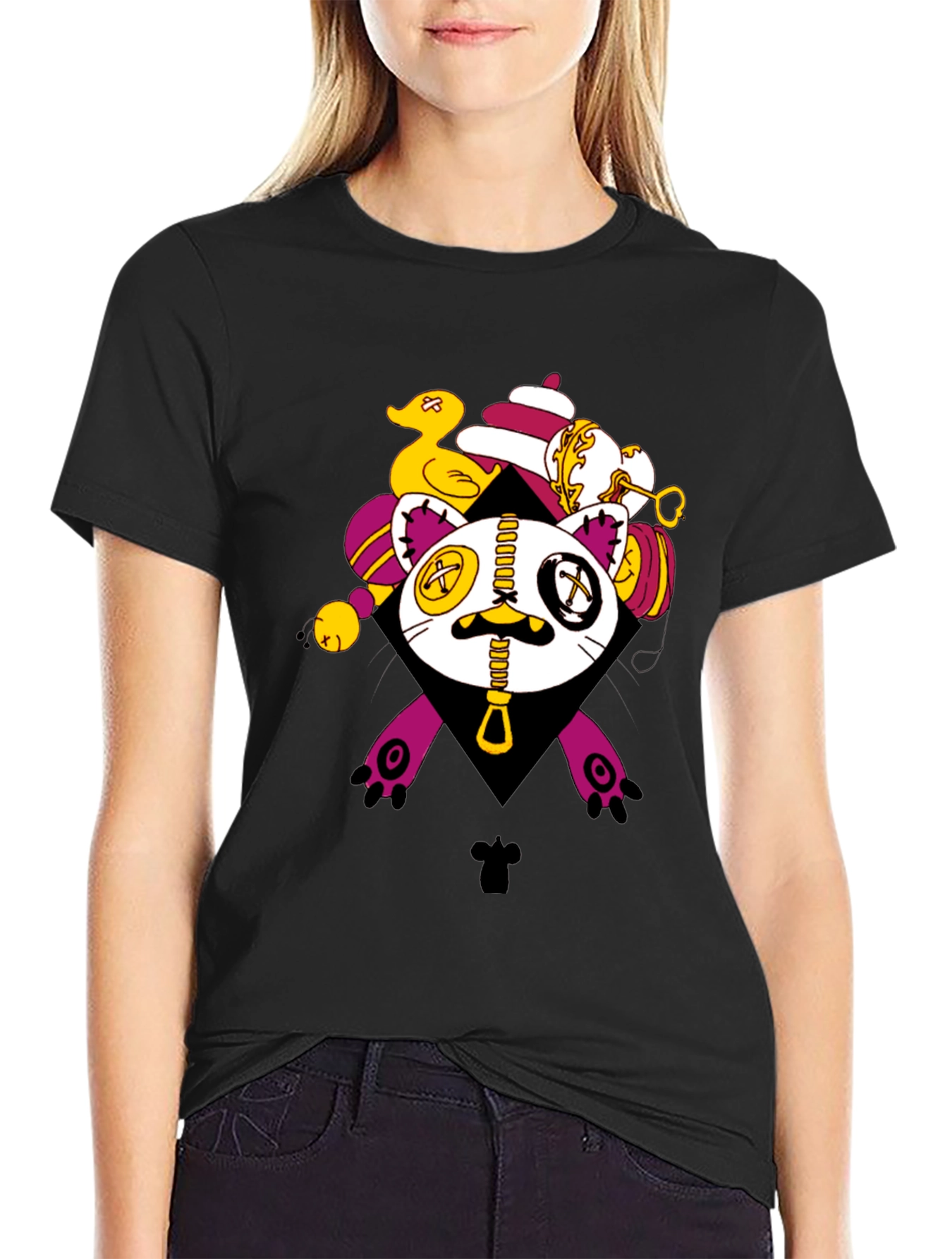 Black Novelty Cat T-Shirt - Unique Cartoon Design view 2