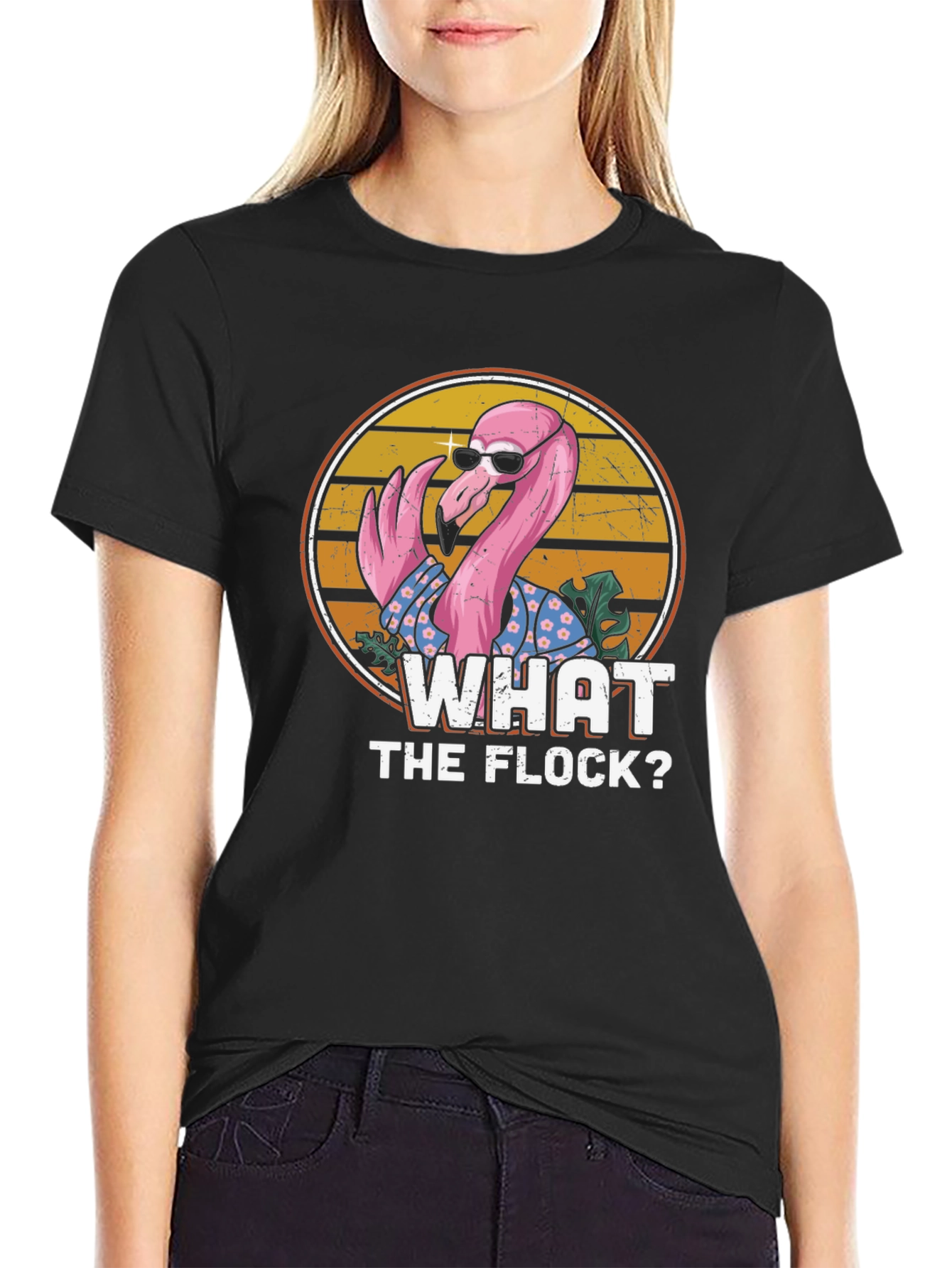 Black What the Flock Flamingo Graphic T-Shirt view 2