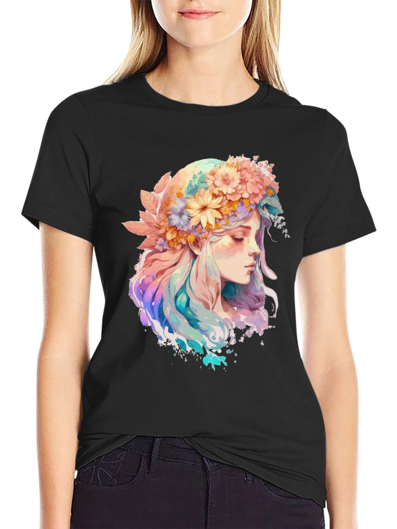 Black Floral Crown Girl Graphic Tee - Black Cotton Shirt view 2