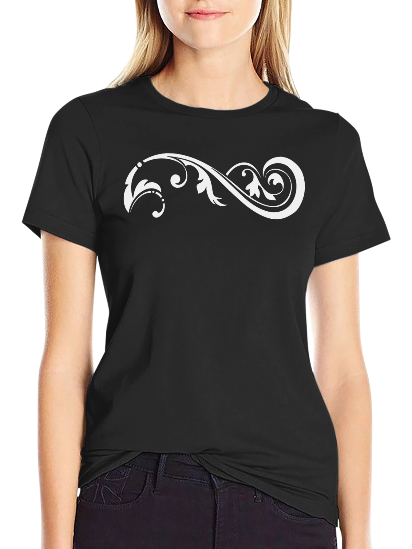 Black Black T-Shirt with White Floral Scroll Design view 2