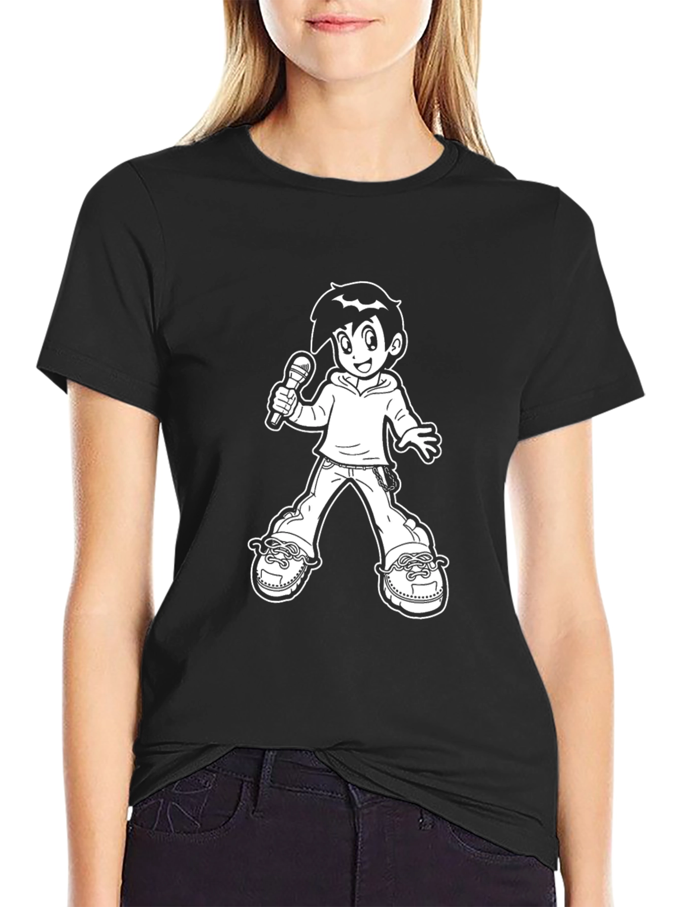Black Black T-Shirt with Cartoon Singer Graphic view 2
